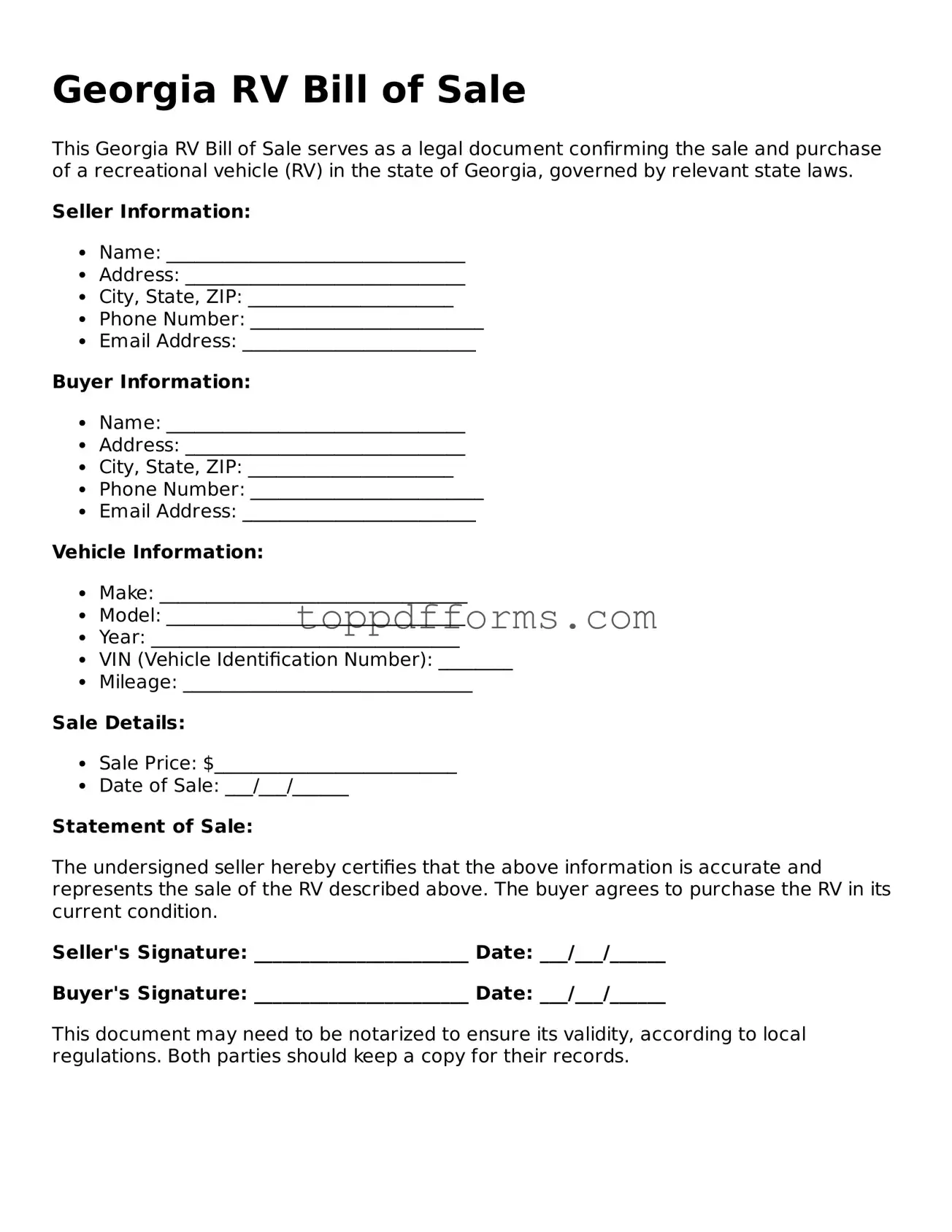RV Bill of Sale Document for Georgia State