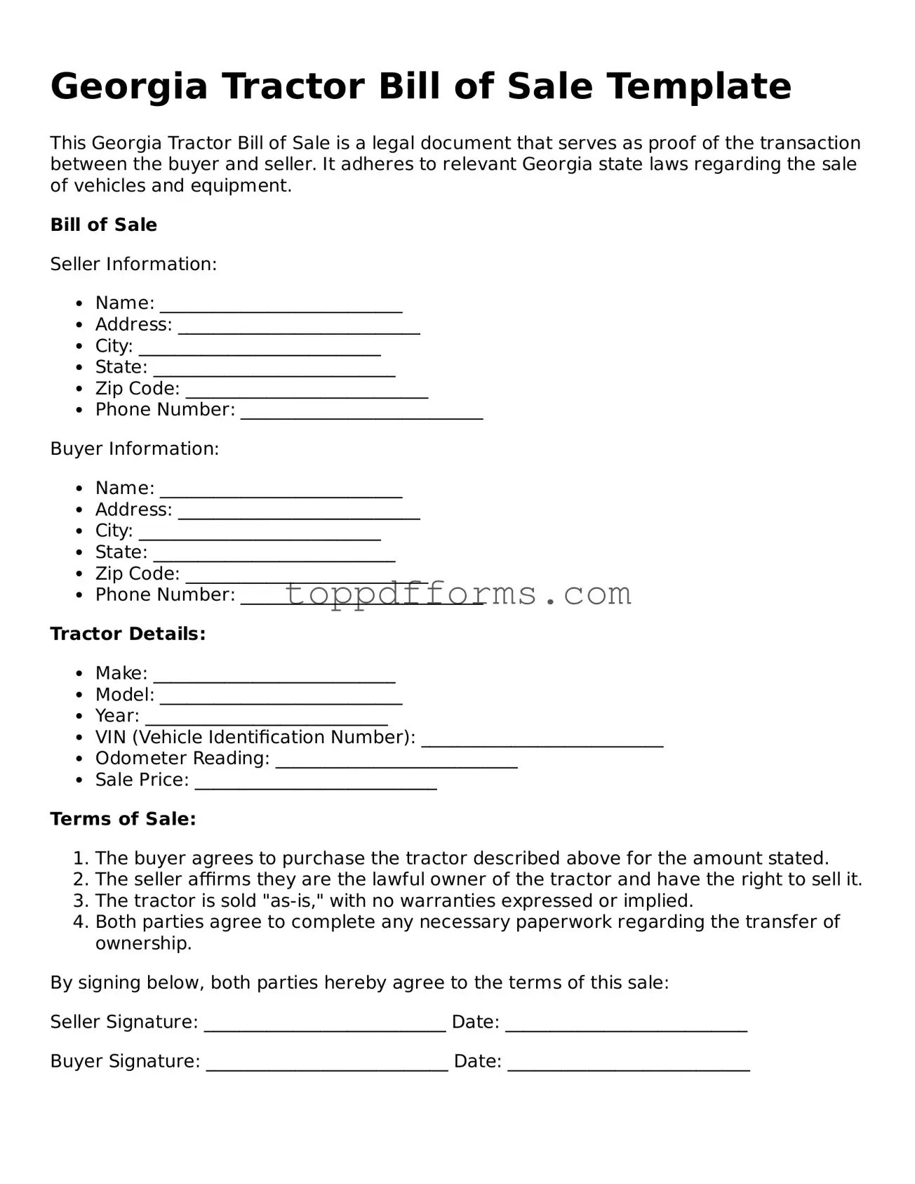 Tractor Bill of Sale Document for Georgia State