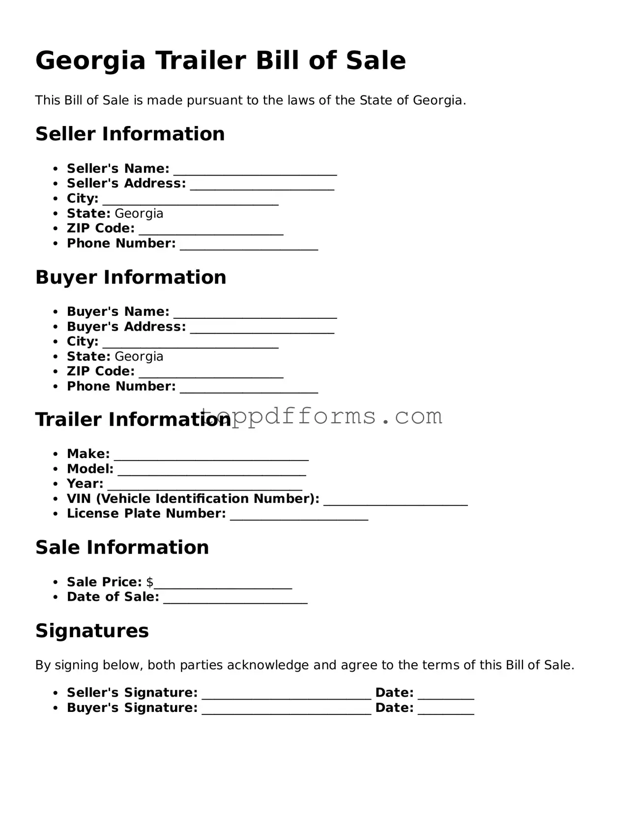 Trailer Bill of Sale Document for Georgia State