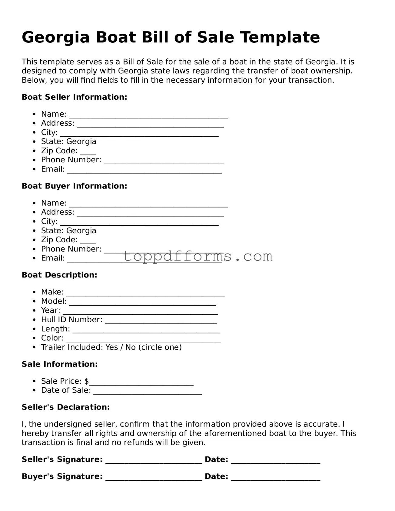 Boat Bill of Sale Document for Georgia State