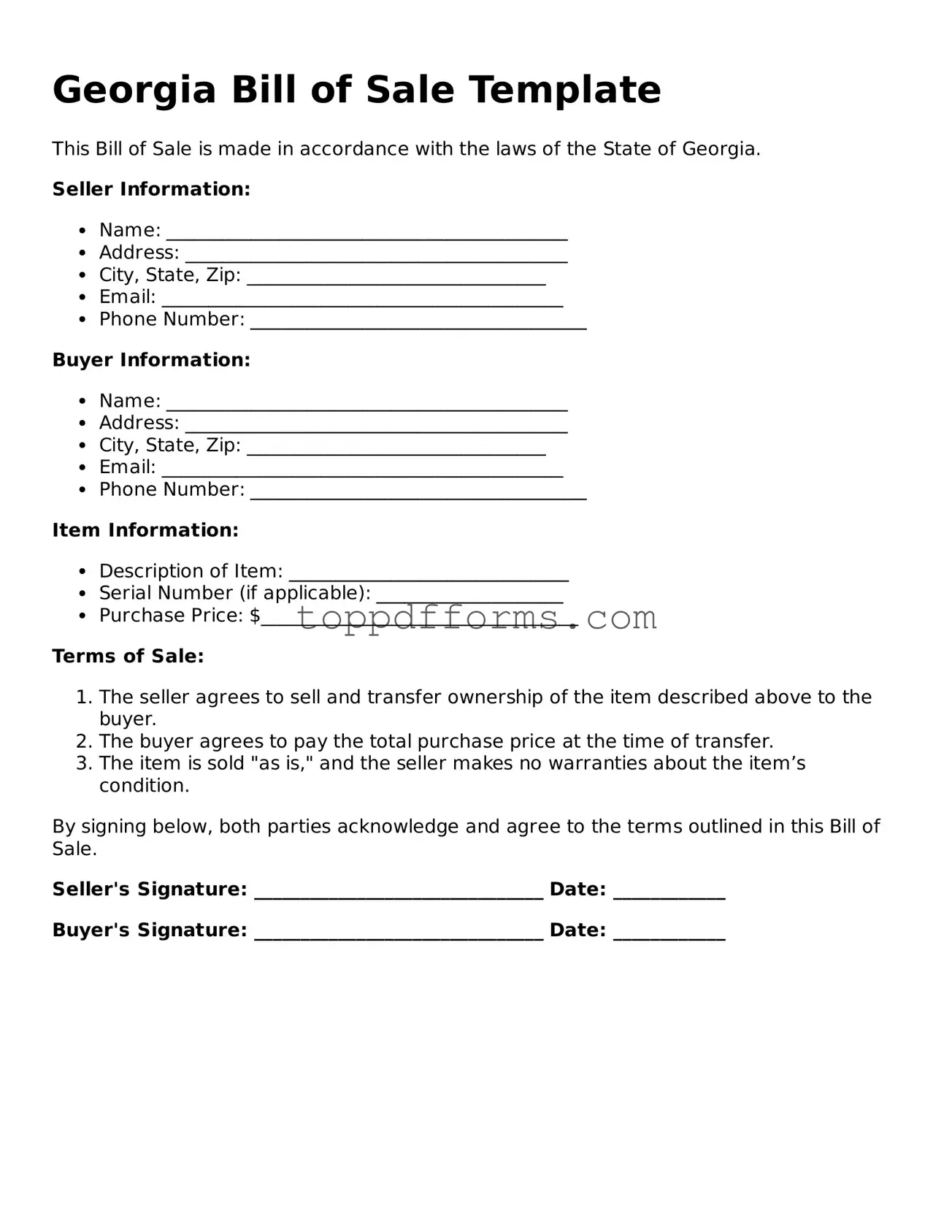 Bill of Sale Document for Georgia State