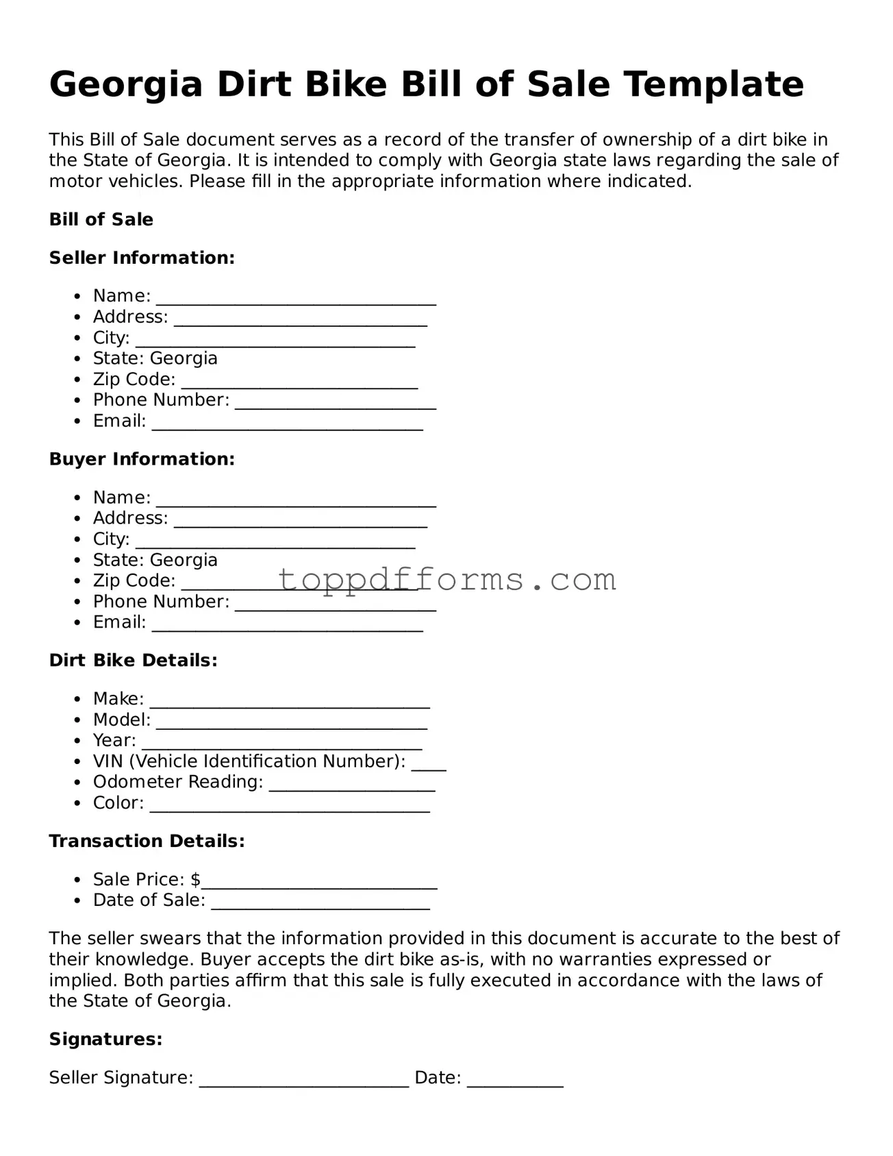 Dirt Bike Bill of Sale Document for Georgia State