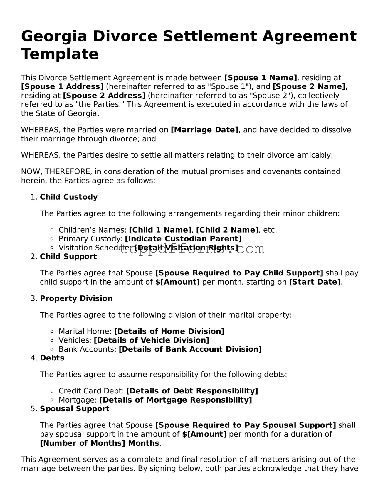 Divorce Settlement Agreement Document for Georgia State