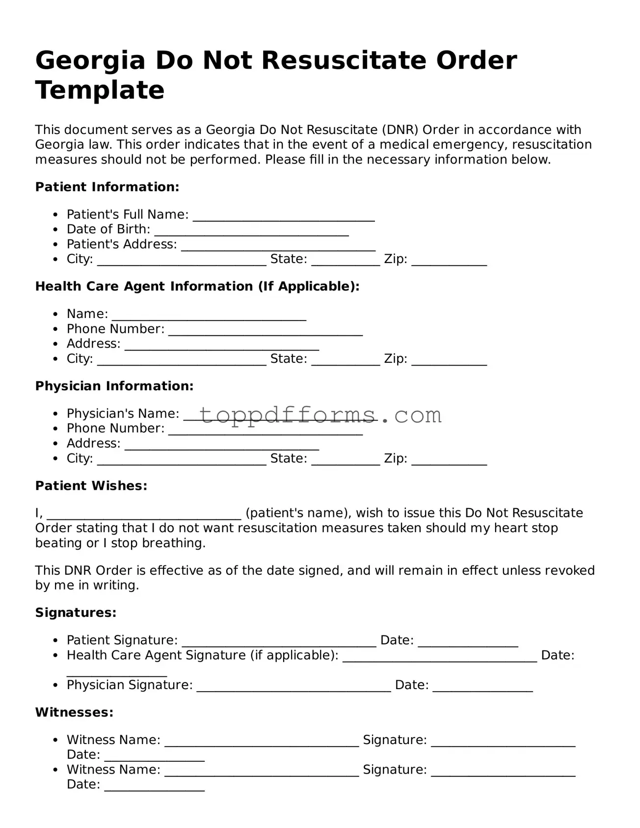 Do Not Resuscitate Order Document for Georgia State