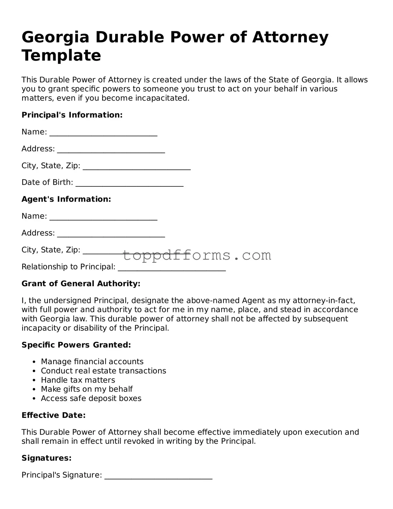 Durable Power of Attorney Document for Georgia State