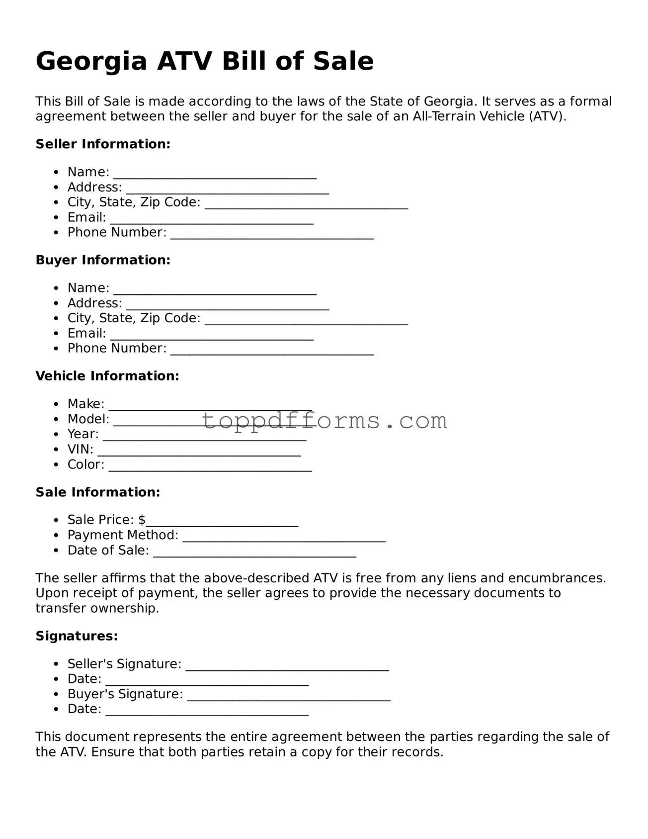 ATV Bill of Sale Document for Georgia State
