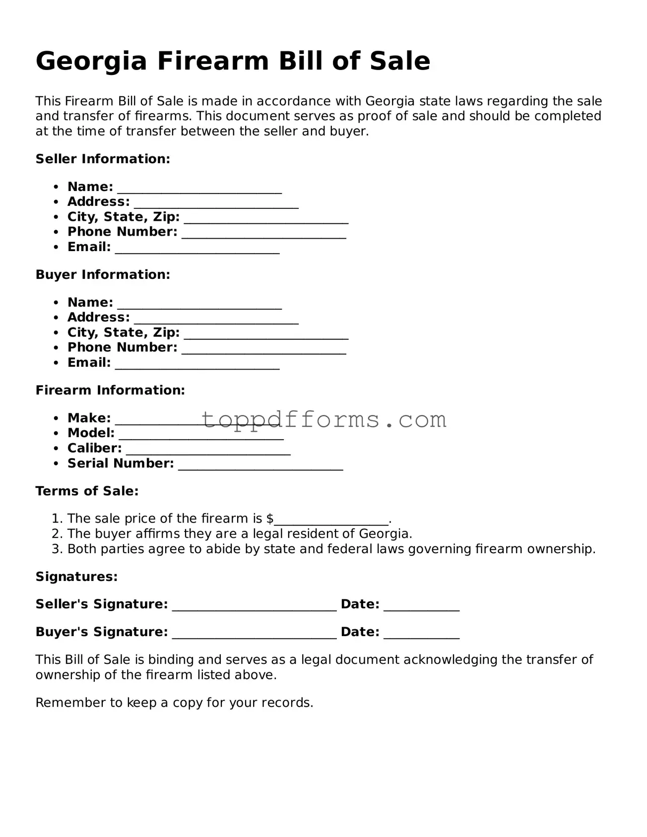 Firearm Bill of Sale Document for Georgia State