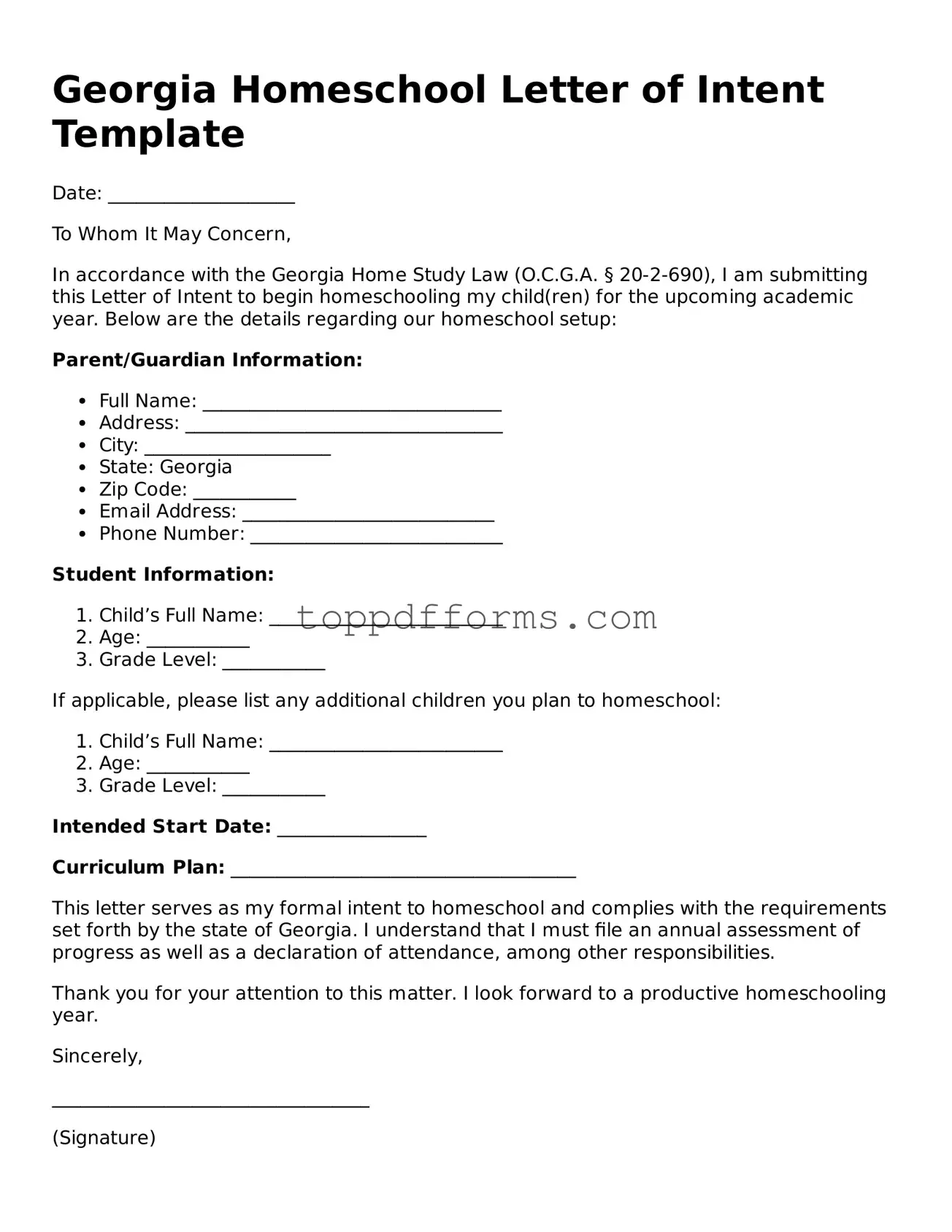 Homeschool Letter of Intent Document for Georgia State