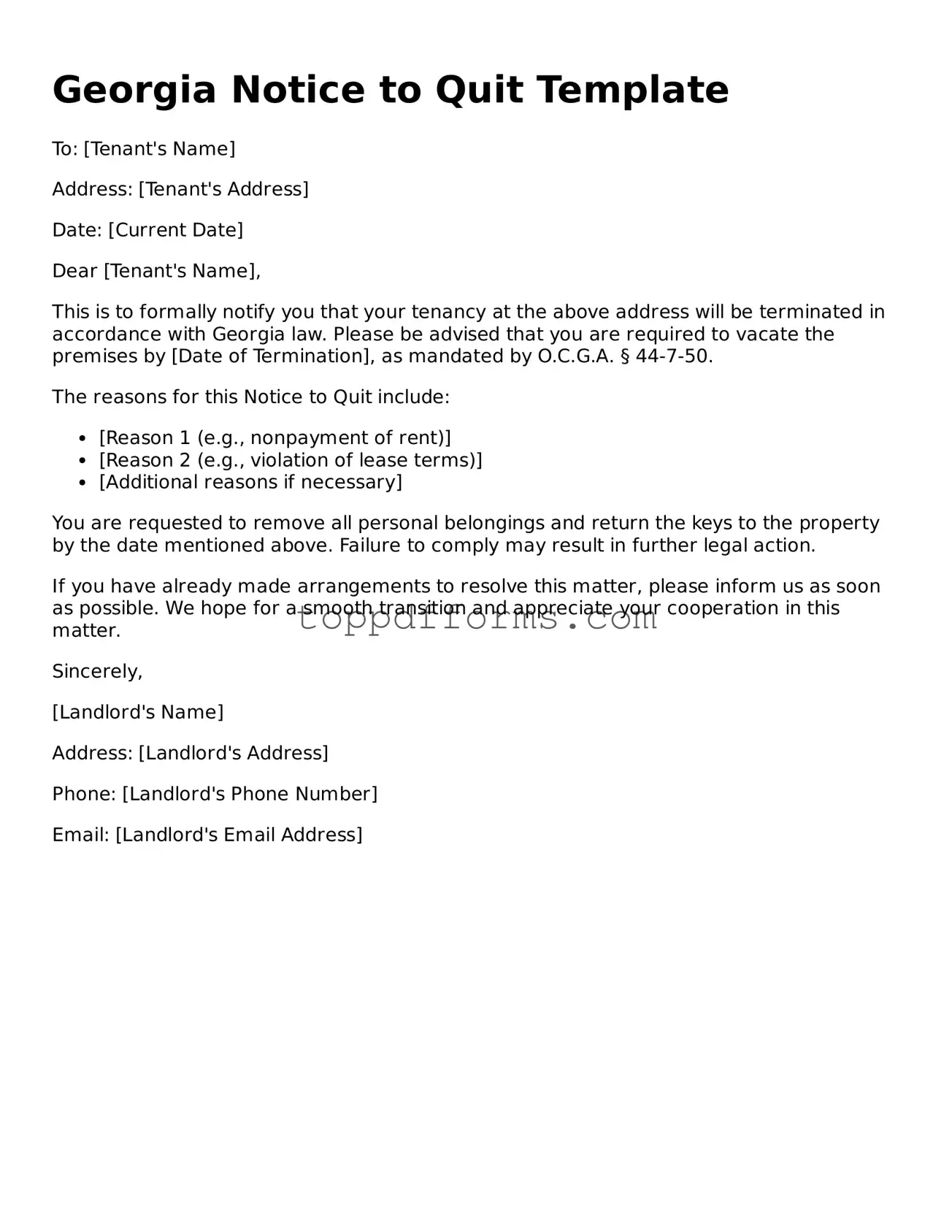 Notice to Quit Document for Georgia State
