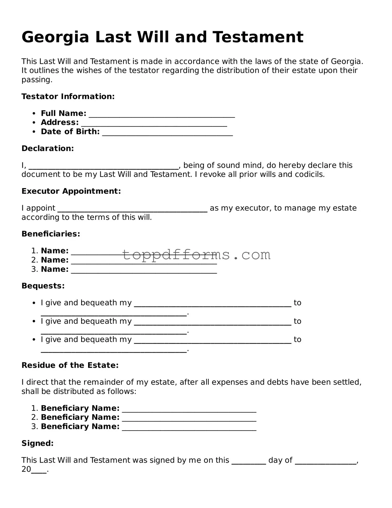 Last Will and Testament Document for Georgia State
