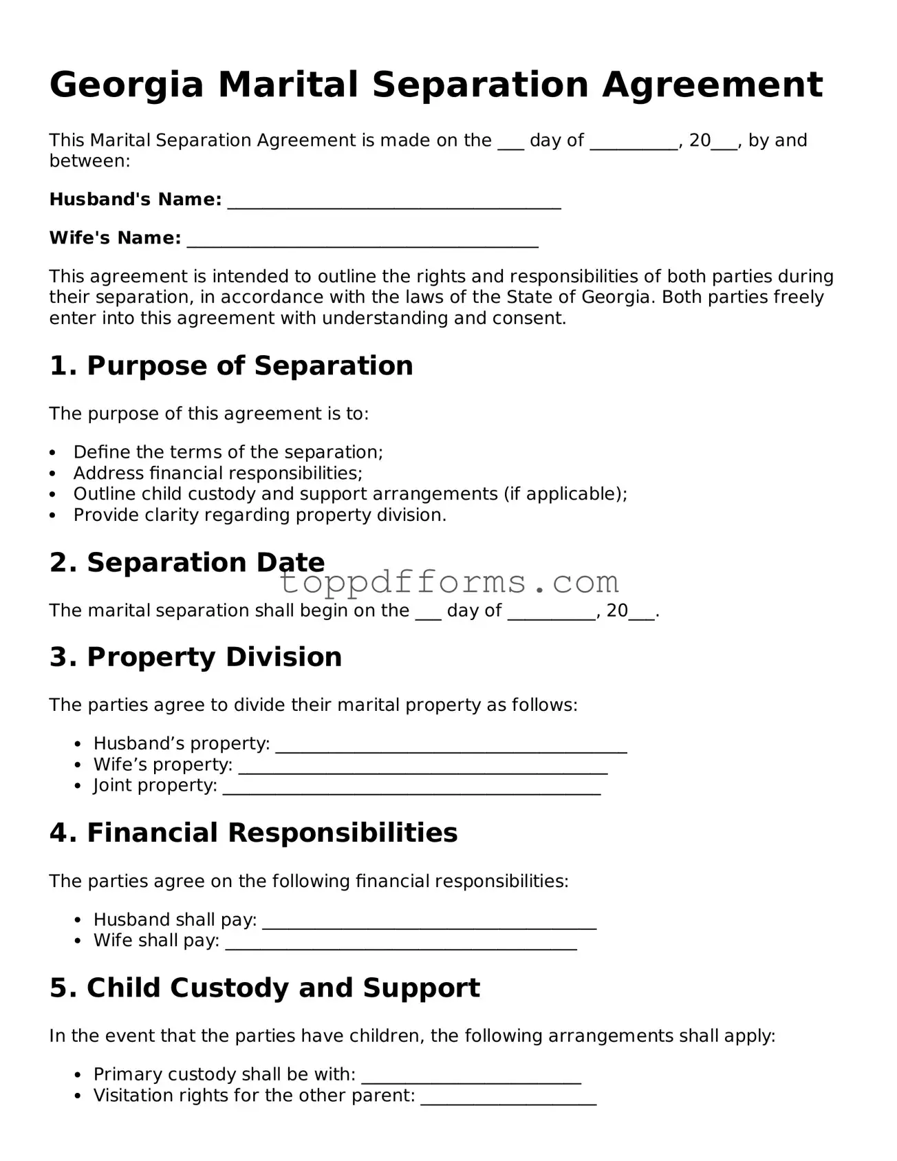 Marital Separation Agreement Document for Georgia State