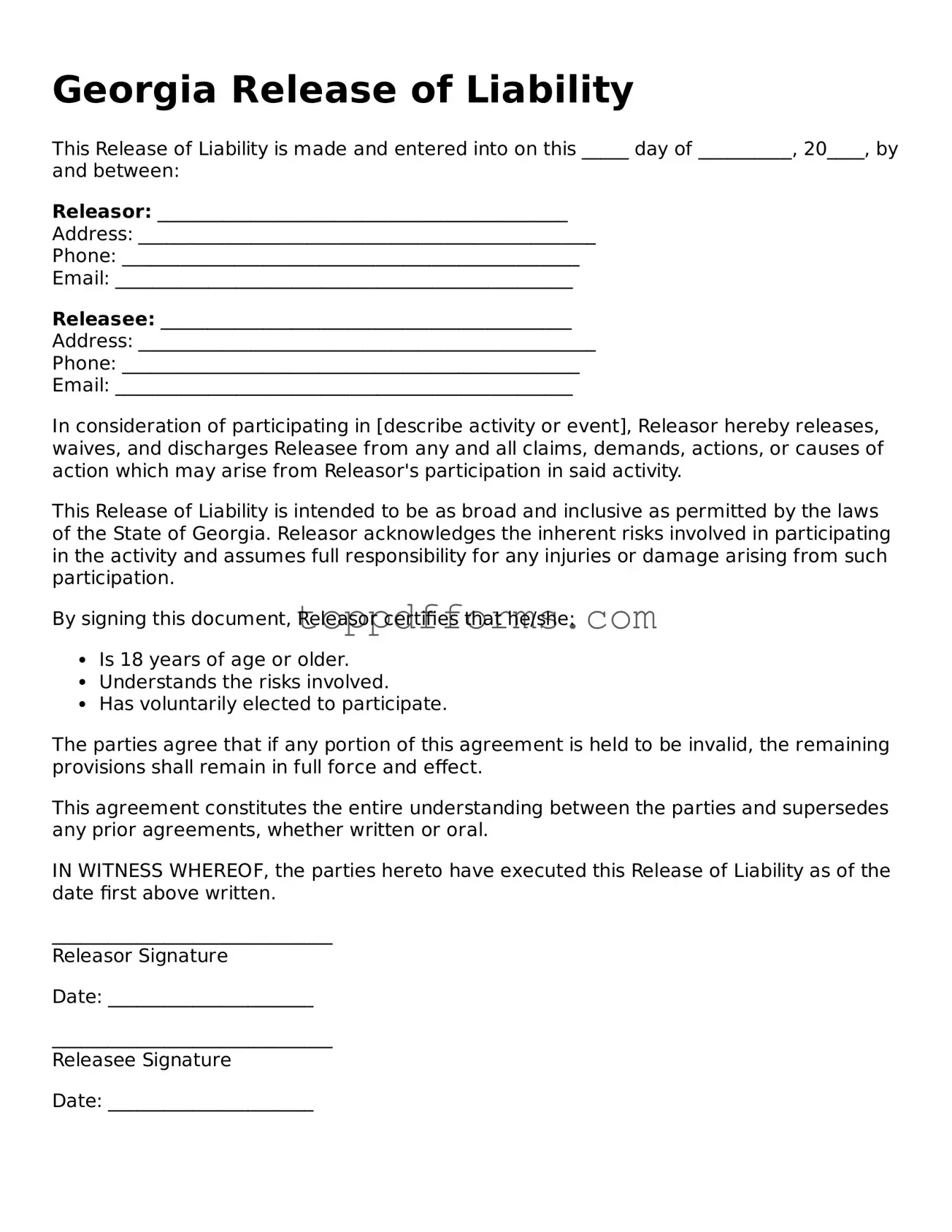 Release of Liability Document for Georgia State