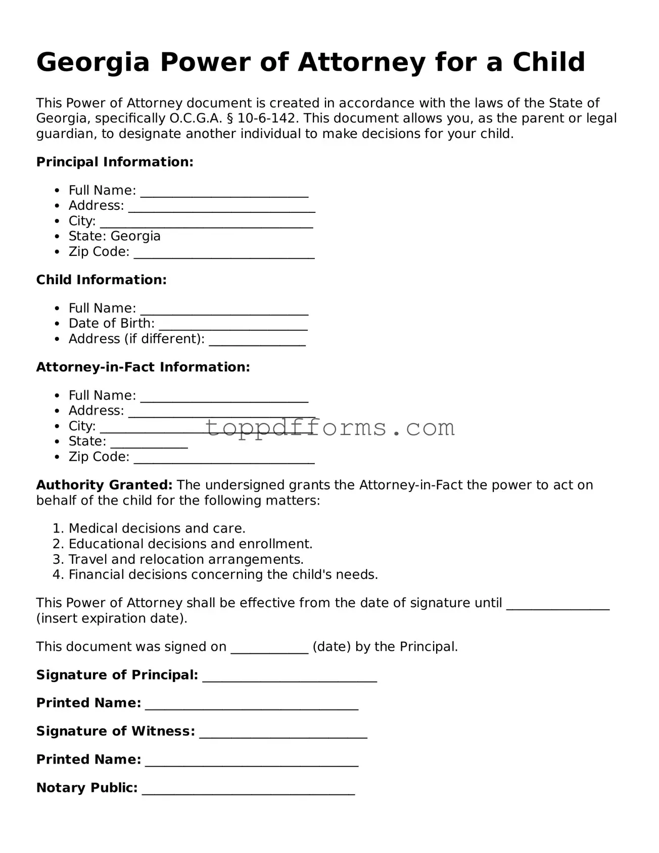 Power of Attorney for a Child Document for Georgia State