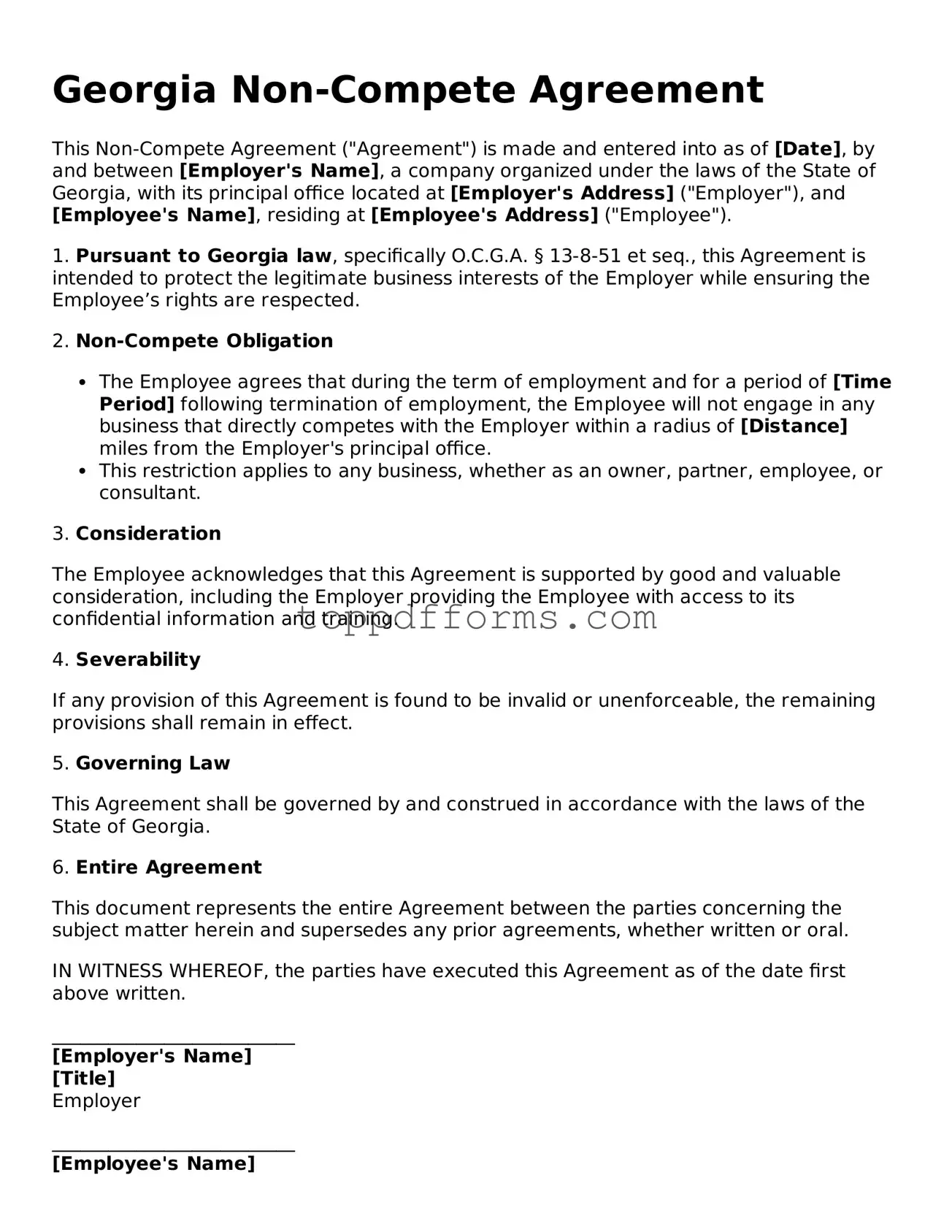Non-compete Agreement Document for Georgia State