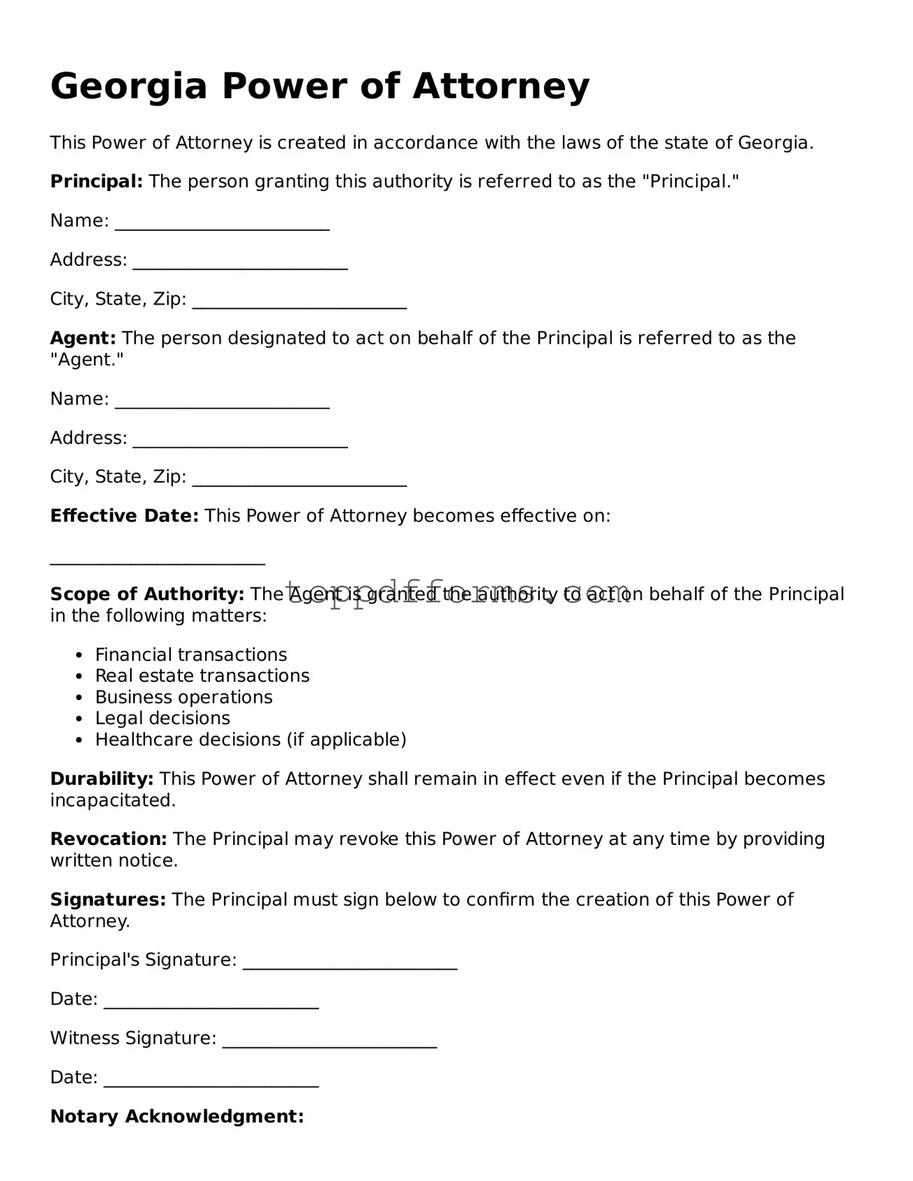Power of Attorney Document for Georgia State