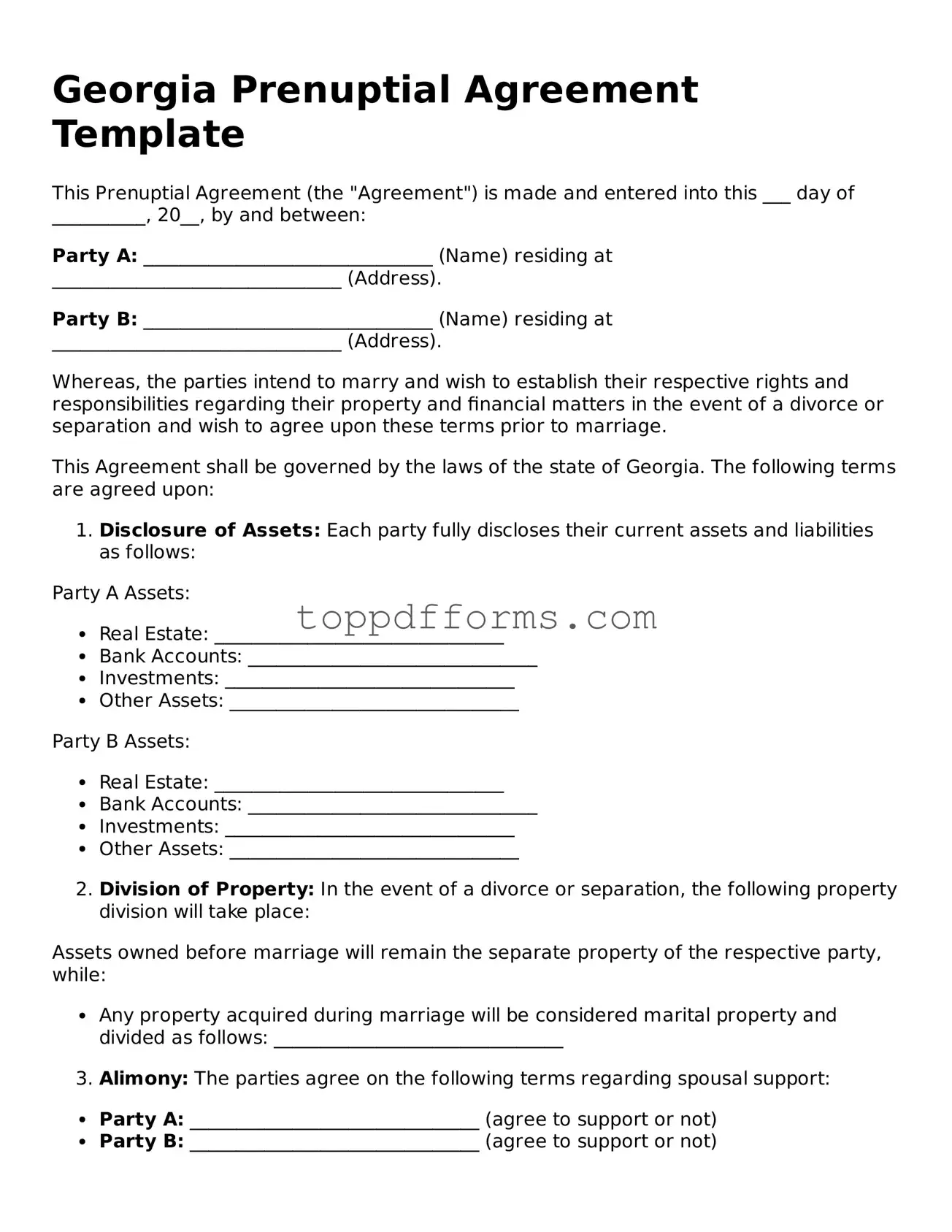 Prenuptial Agreement Document for Georgia State