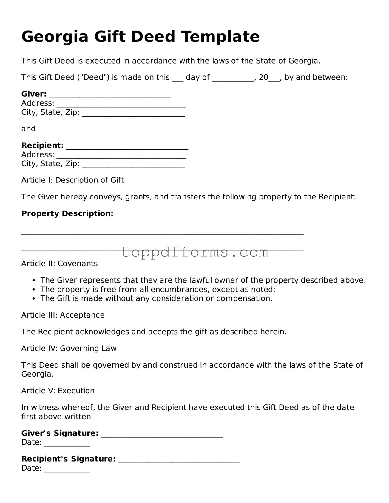 Gift Deed Document for Georgia State