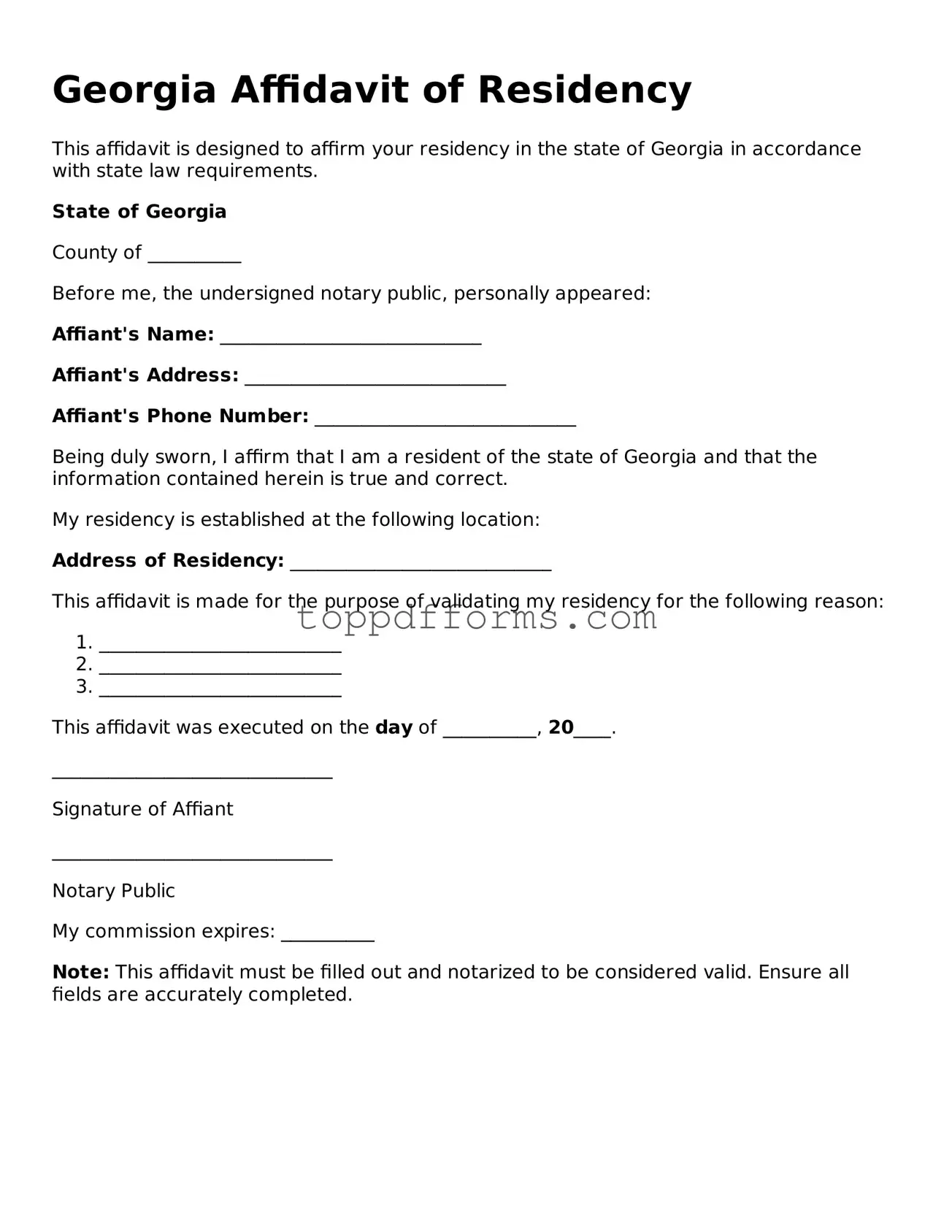 Affidavit of Residency Document for Georgia State