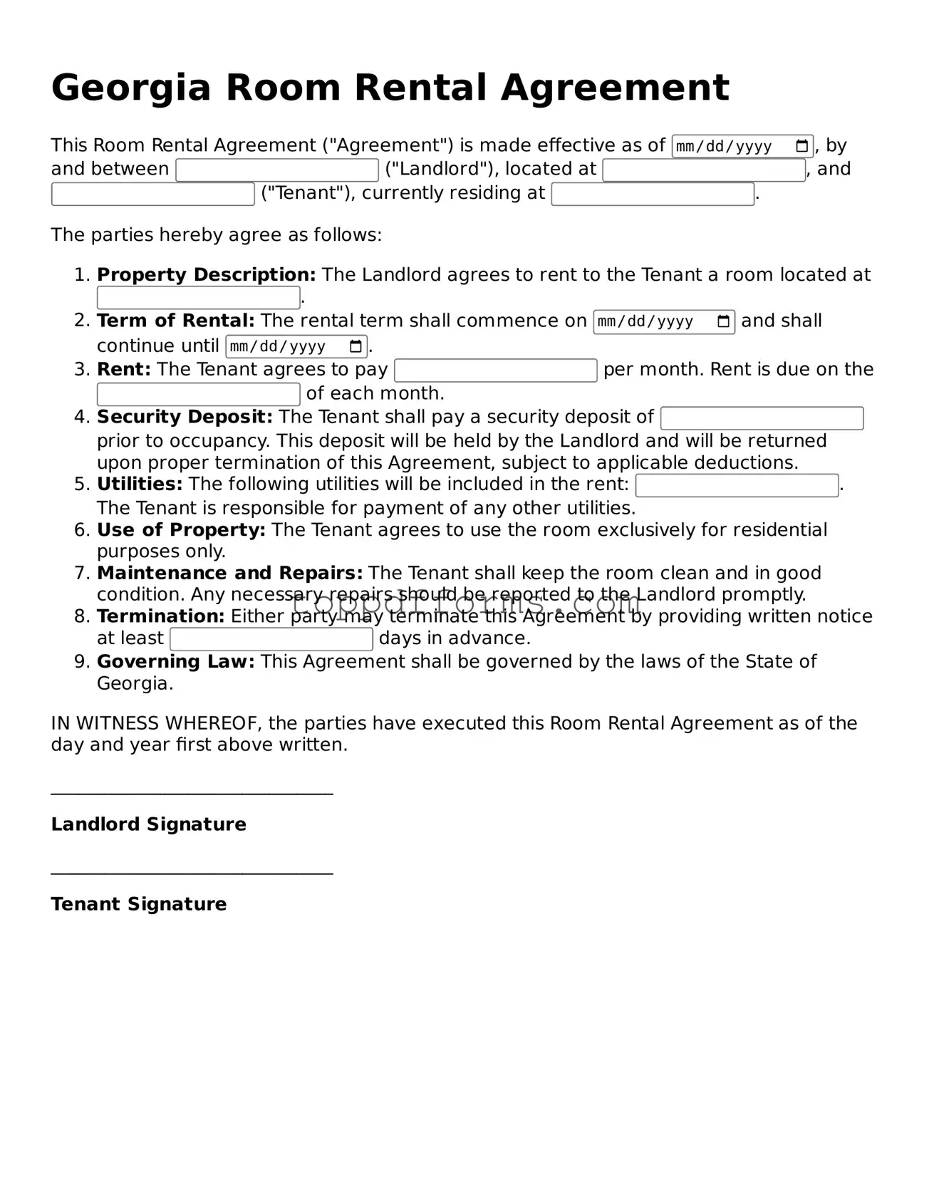 Room Rental Agreement Document for Georgia State