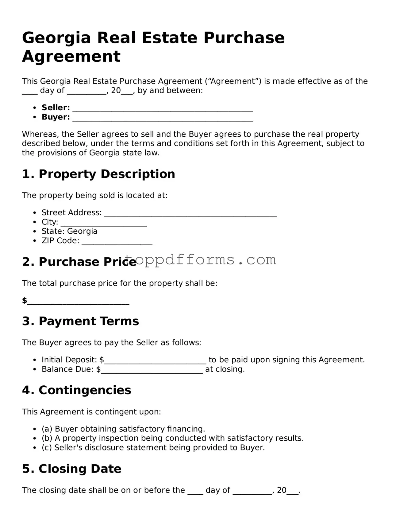 Real Estate Purchase Agreement Document for Georgia State