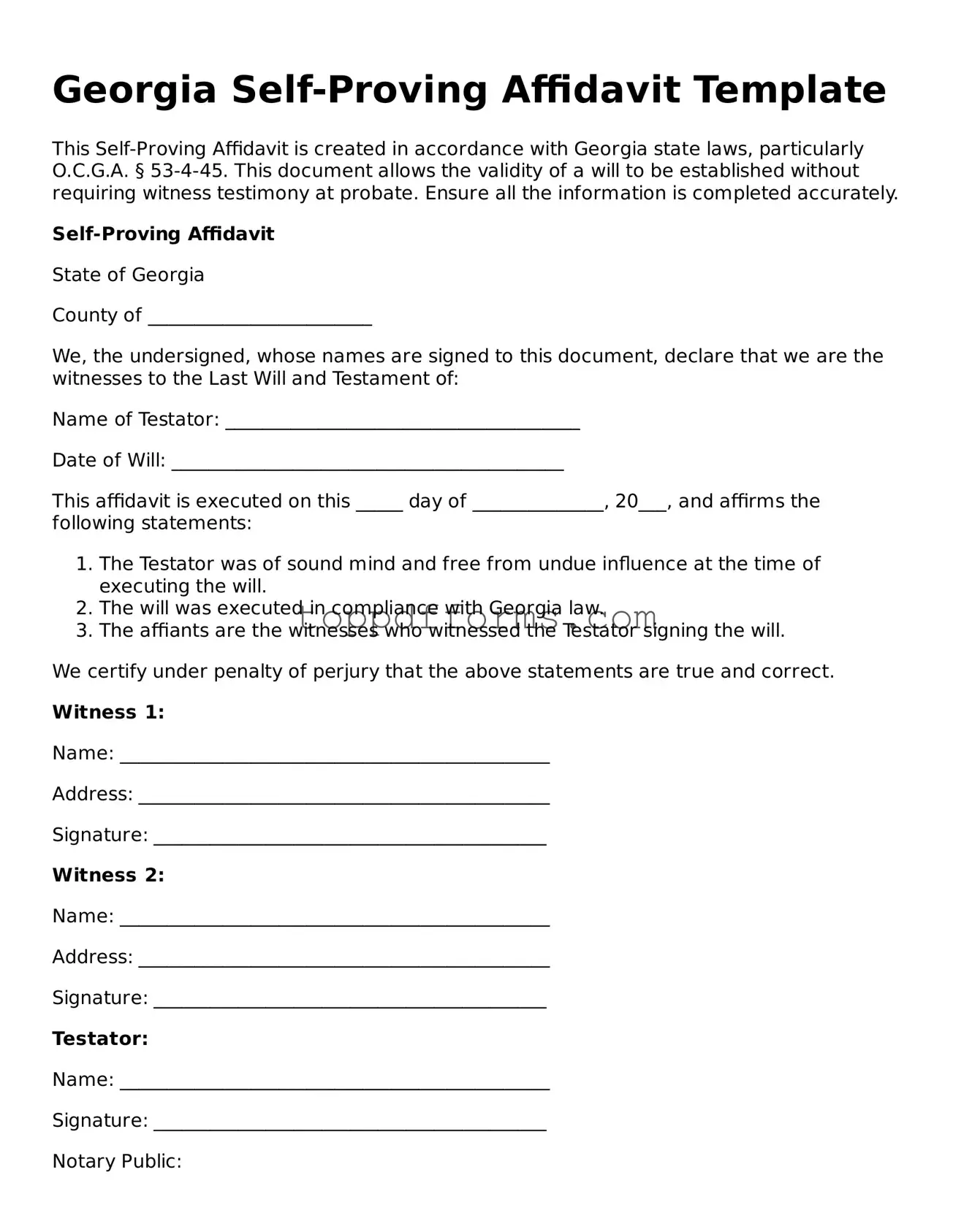 Self-Proving Affidavit Document for Georgia State