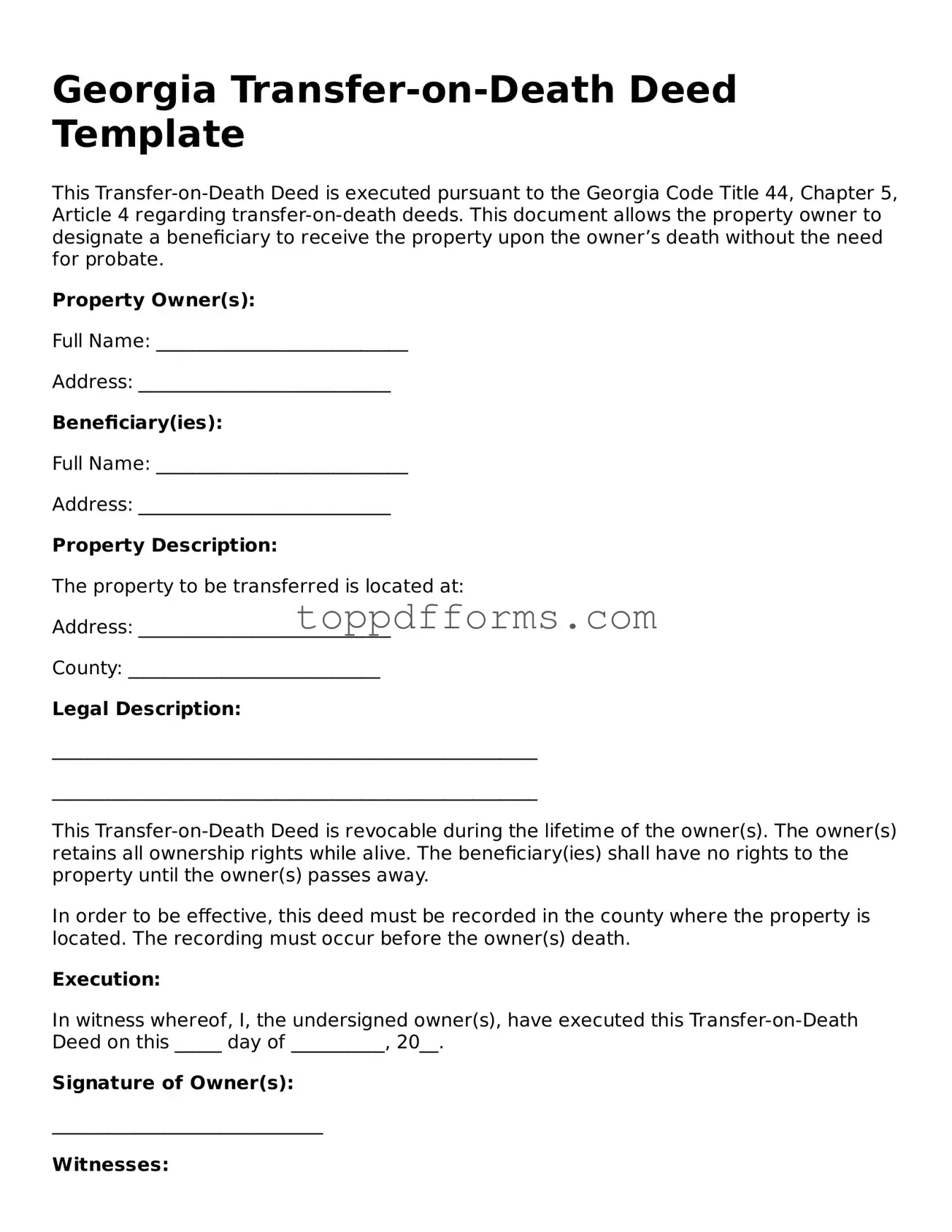 Transfer-on-Death Deed Document for Georgia State