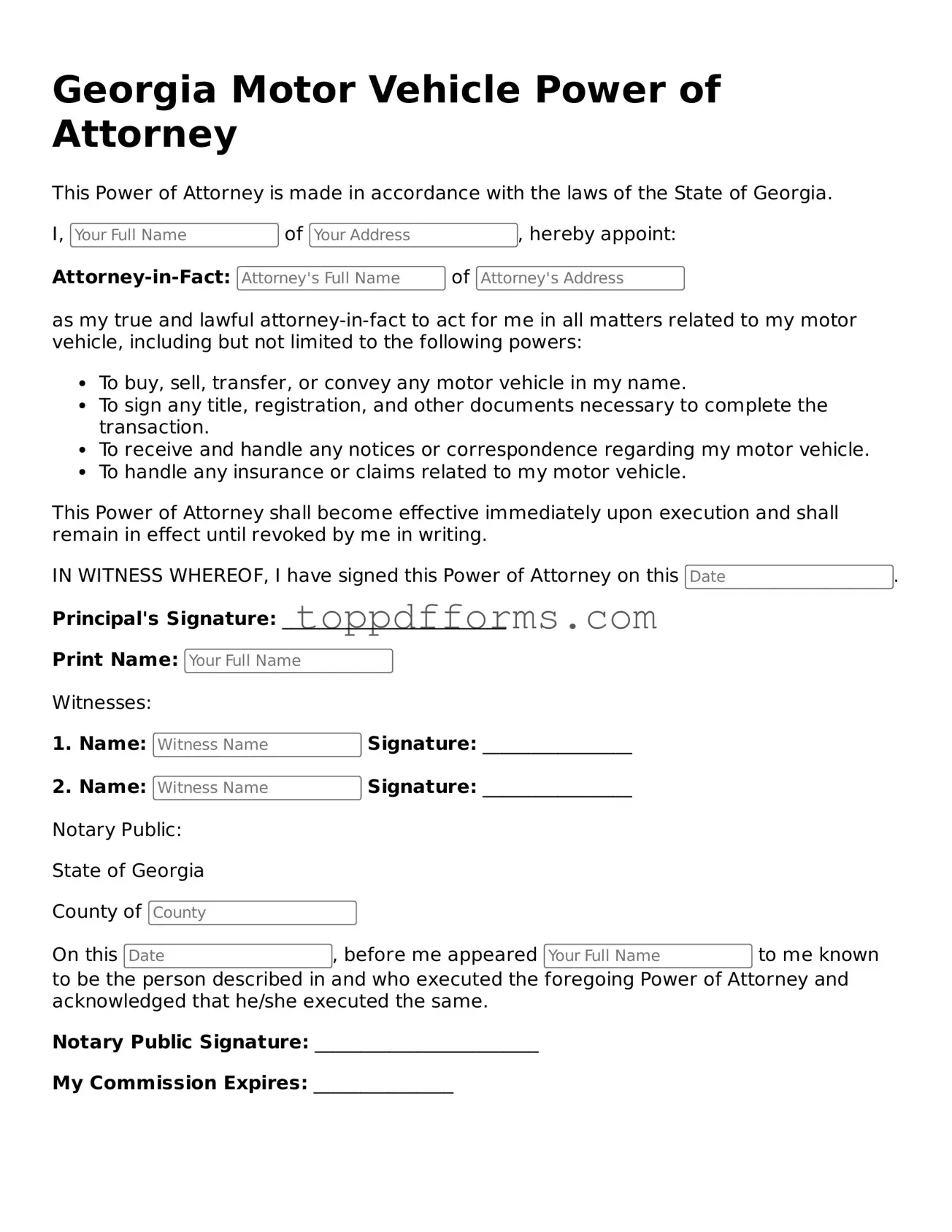 Motor Vehicle Power of Attorney Document for Georgia State