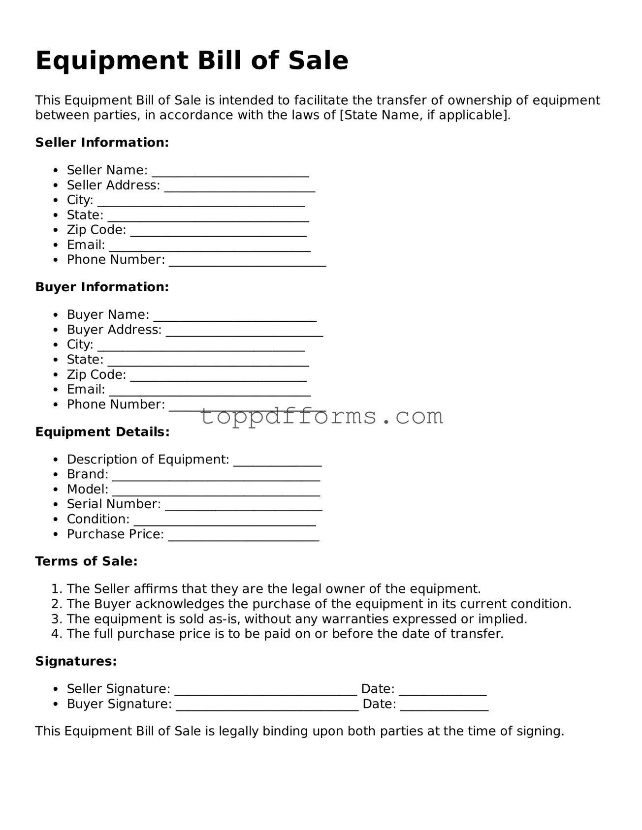 Free Equipment Bill of Sale Template