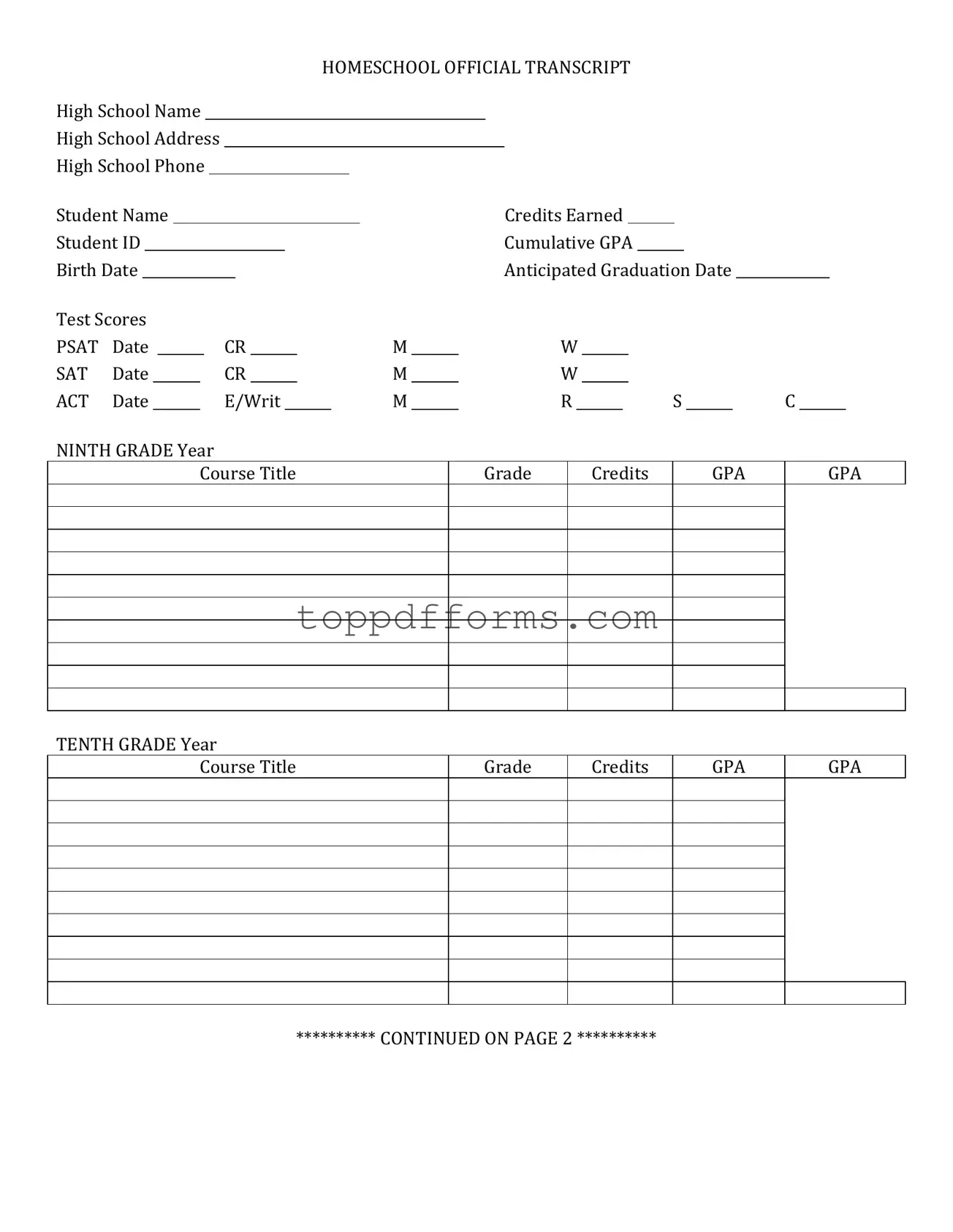 Free High School Transcript Form