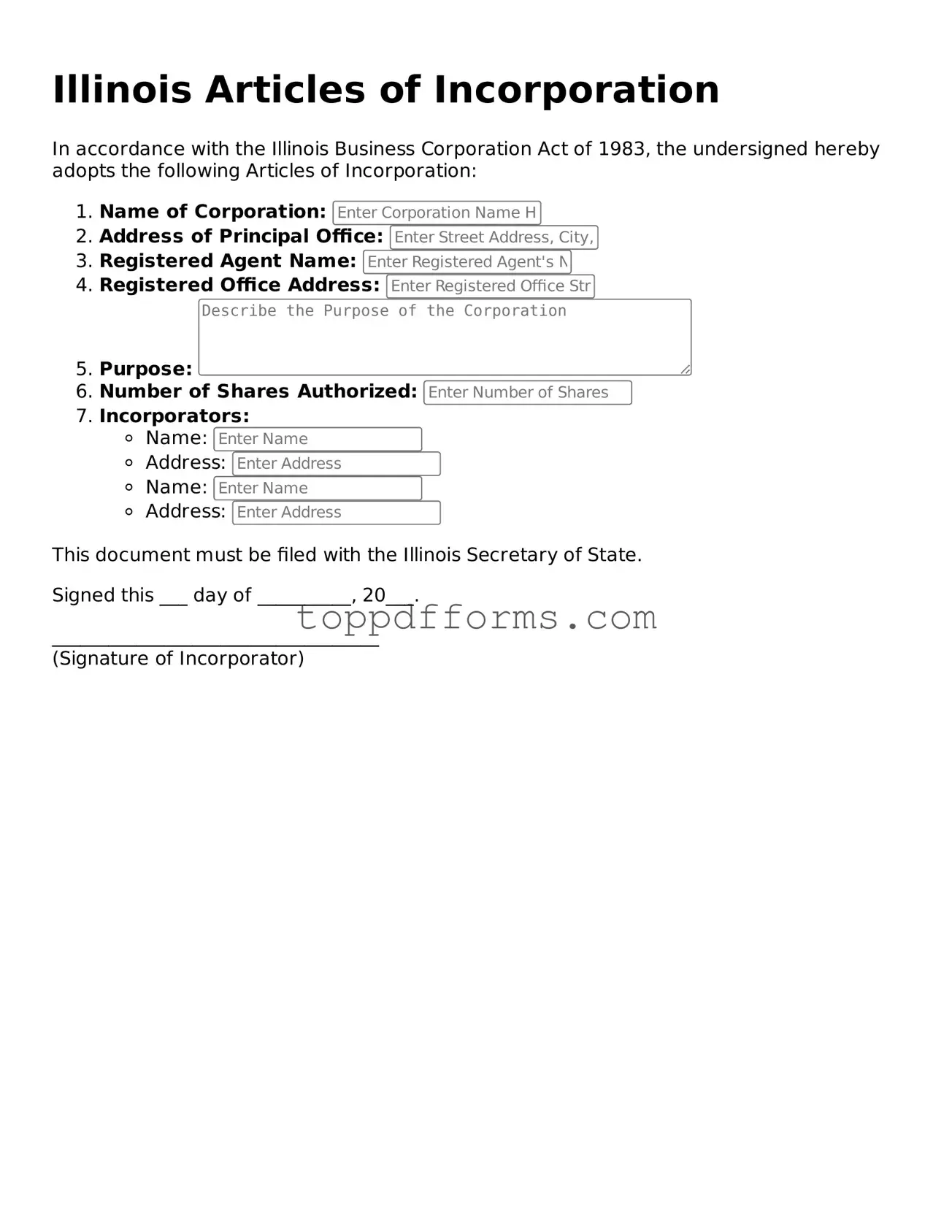 Articles of Incorporation Document for Illinois State