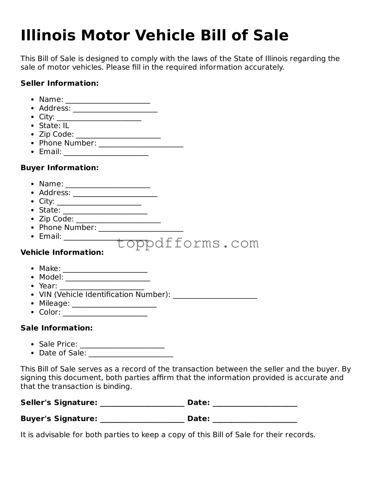 Motor Vehicle Bill of Sale Document for Illinois State
