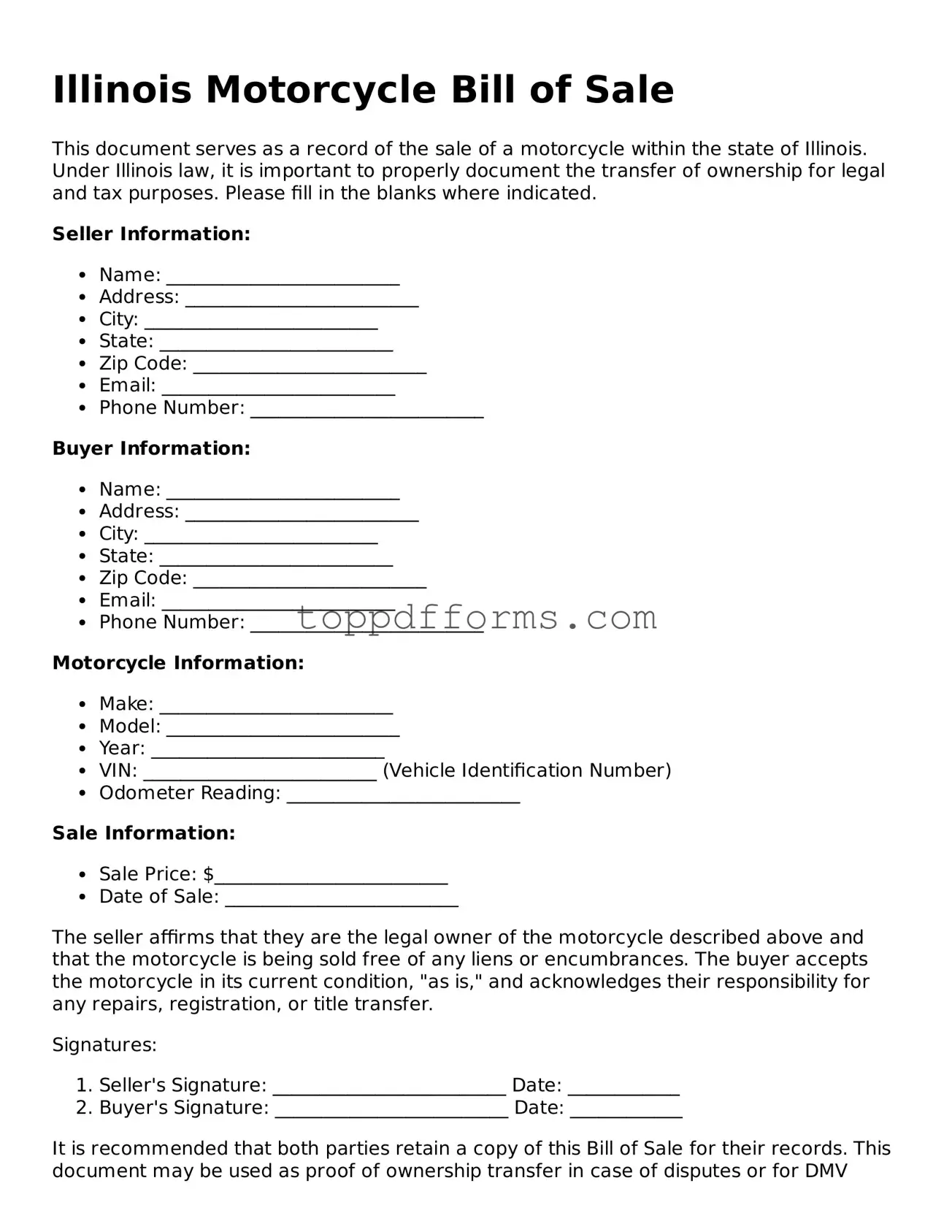 Motorcycle Bill of Sale Document for Illinois State