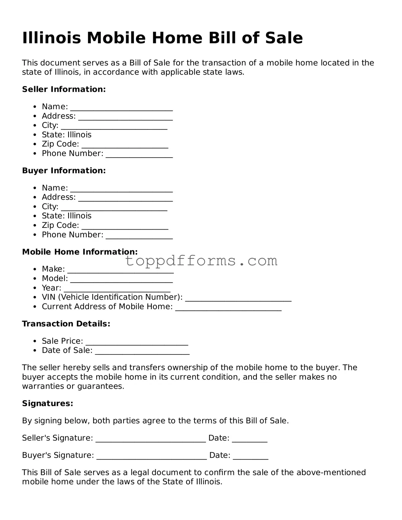 Mobile Home Bill of Sale Document for Illinois State