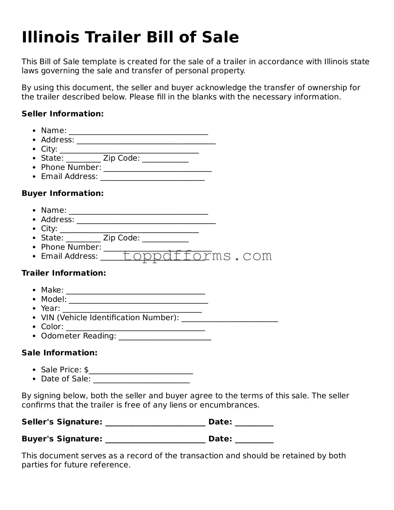 Trailer Bill of Sale Document for Illinois State