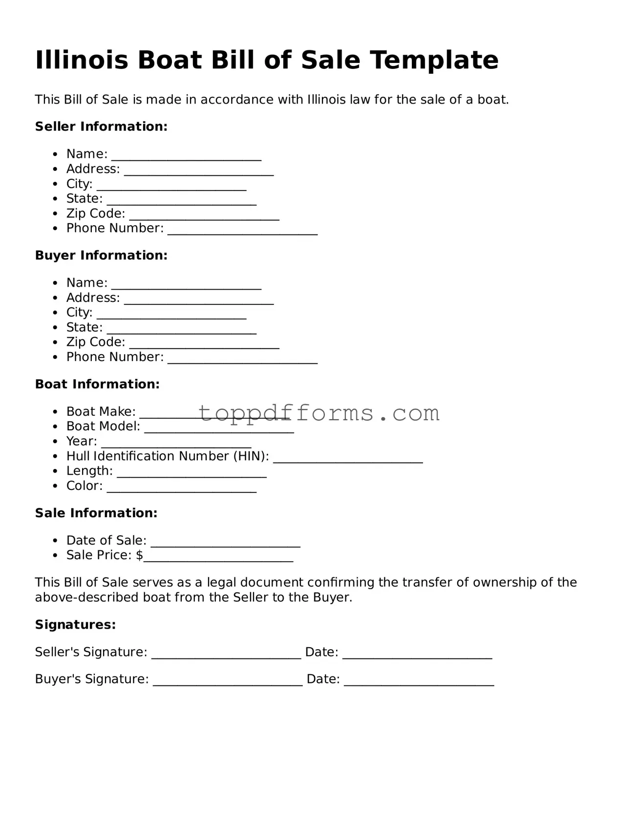Boat Bill of Sale Document for Illinois State