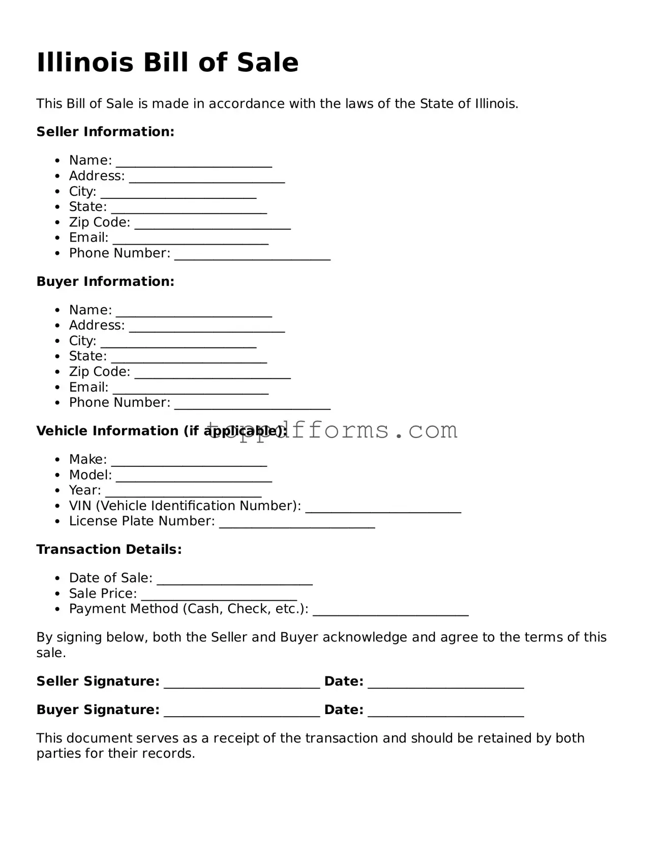 Bill of Sale Document for Illinois State