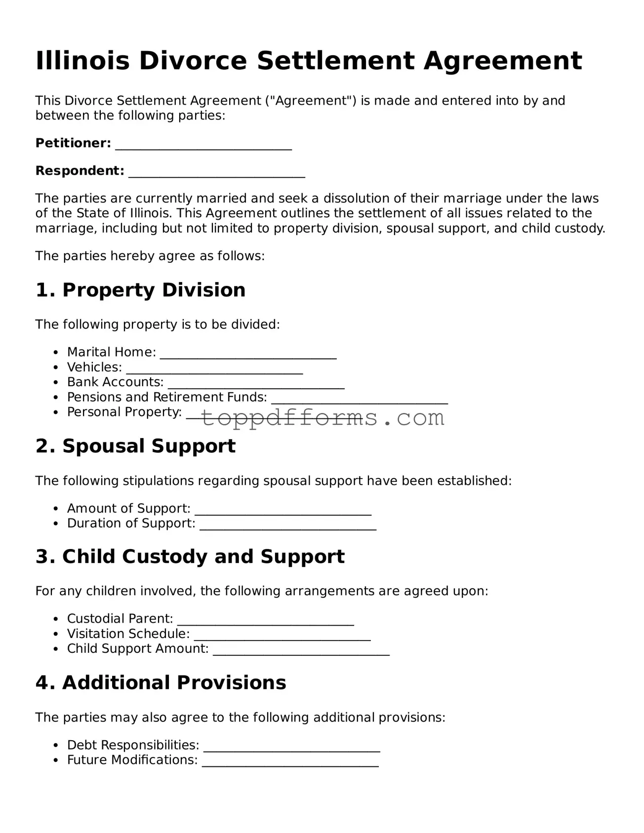 Divorce Settlement Agreement Document for Illinois State