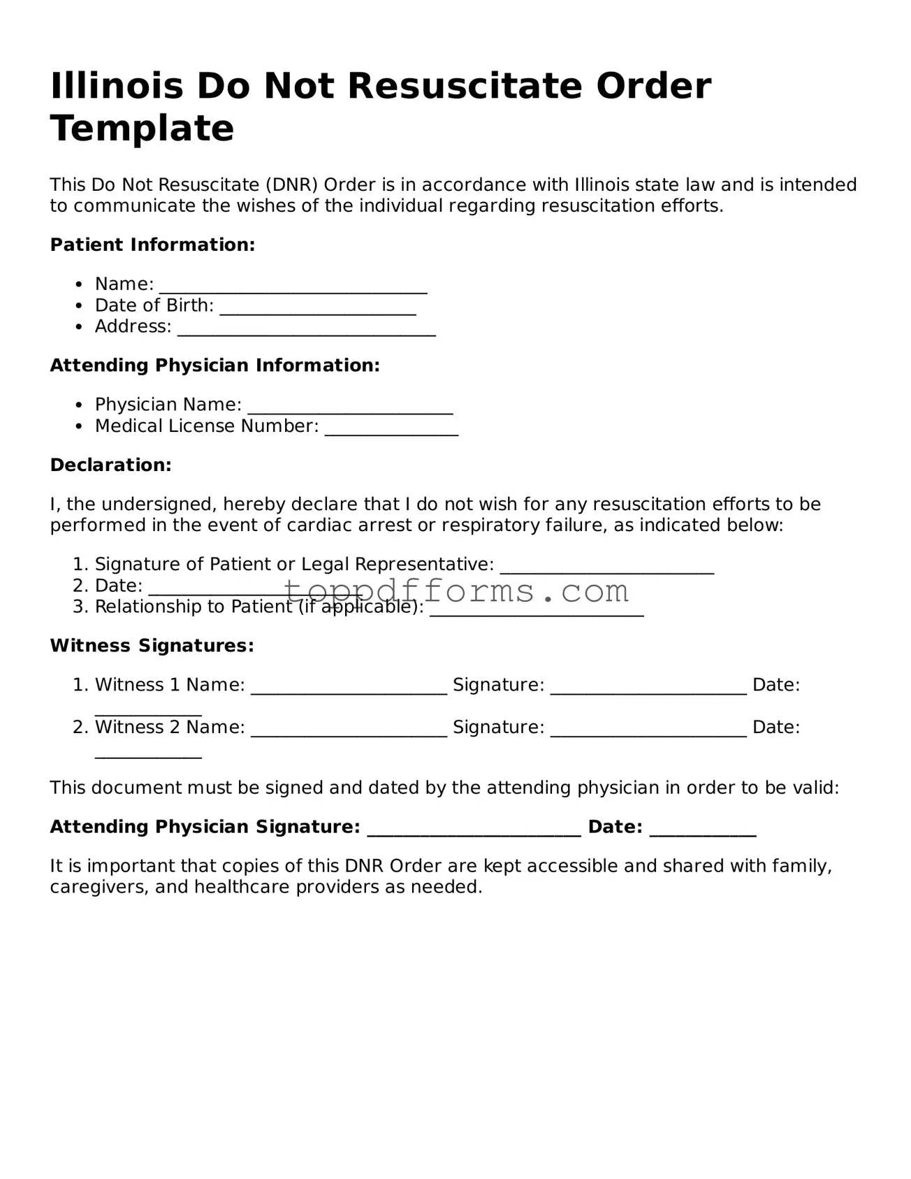 Do Not Resuscitate Order Document for Illinois State