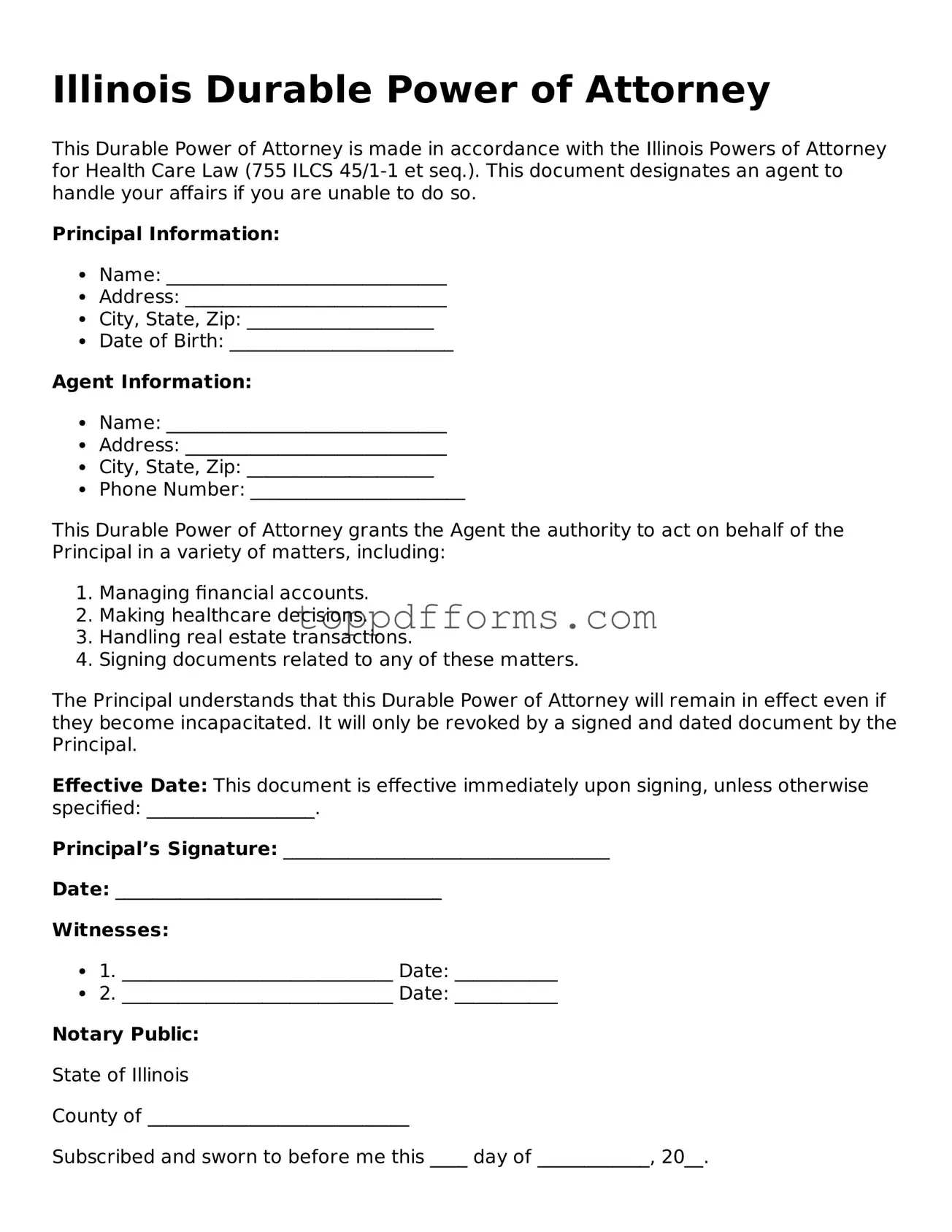 Durable Power of Attorney Document for Illinois State