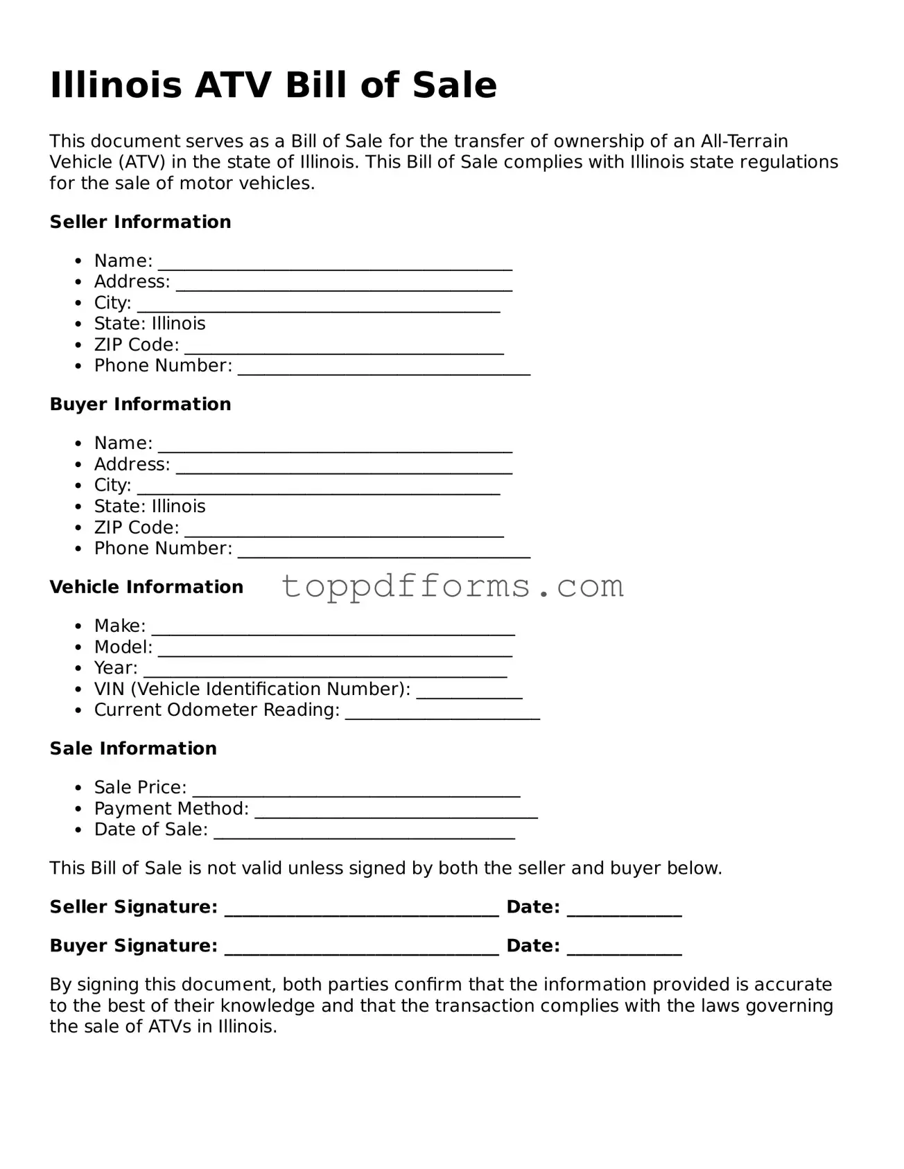 ATV Bill of Sale Document for Illinois State