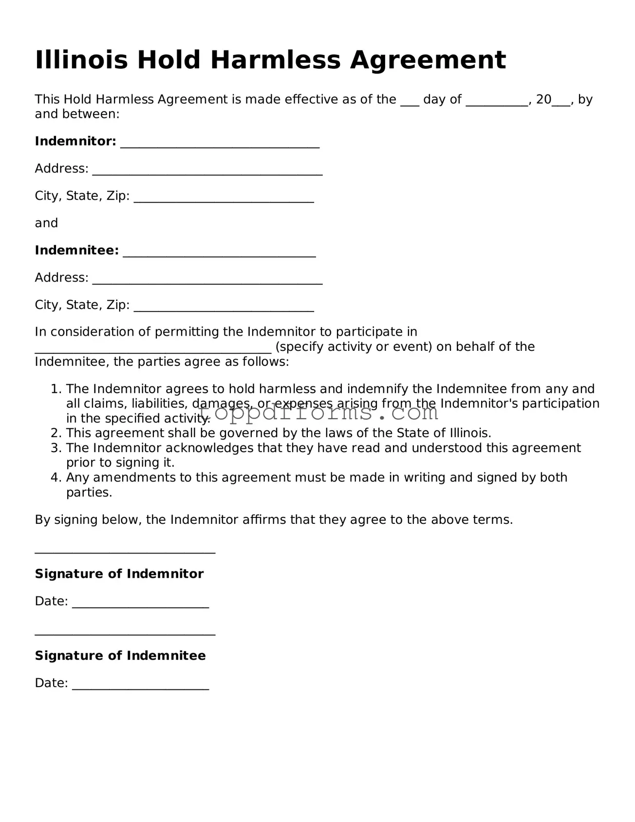 Hold Harmless Agreement Document for Illinois State