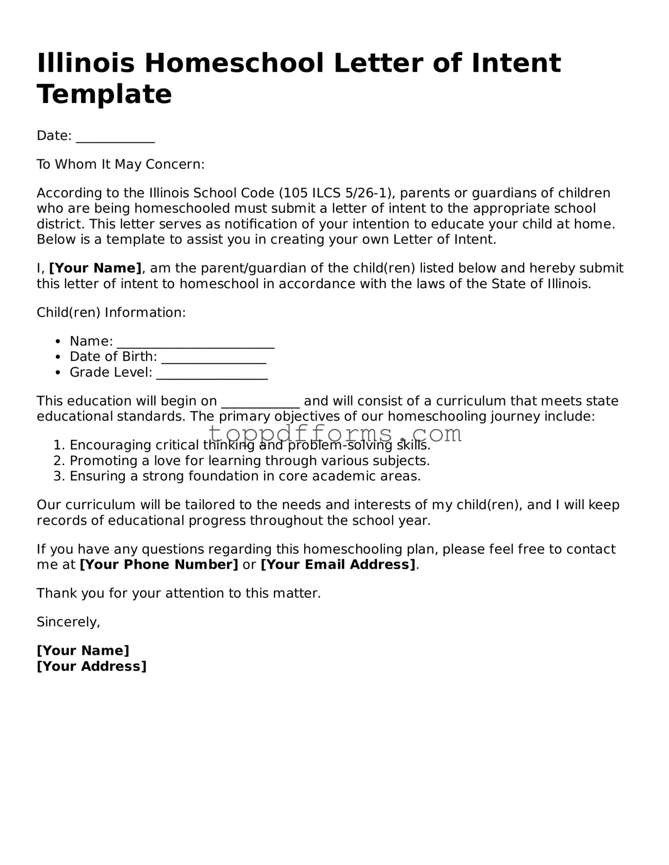 Homeschool Letter of Intent Document for Illinois State