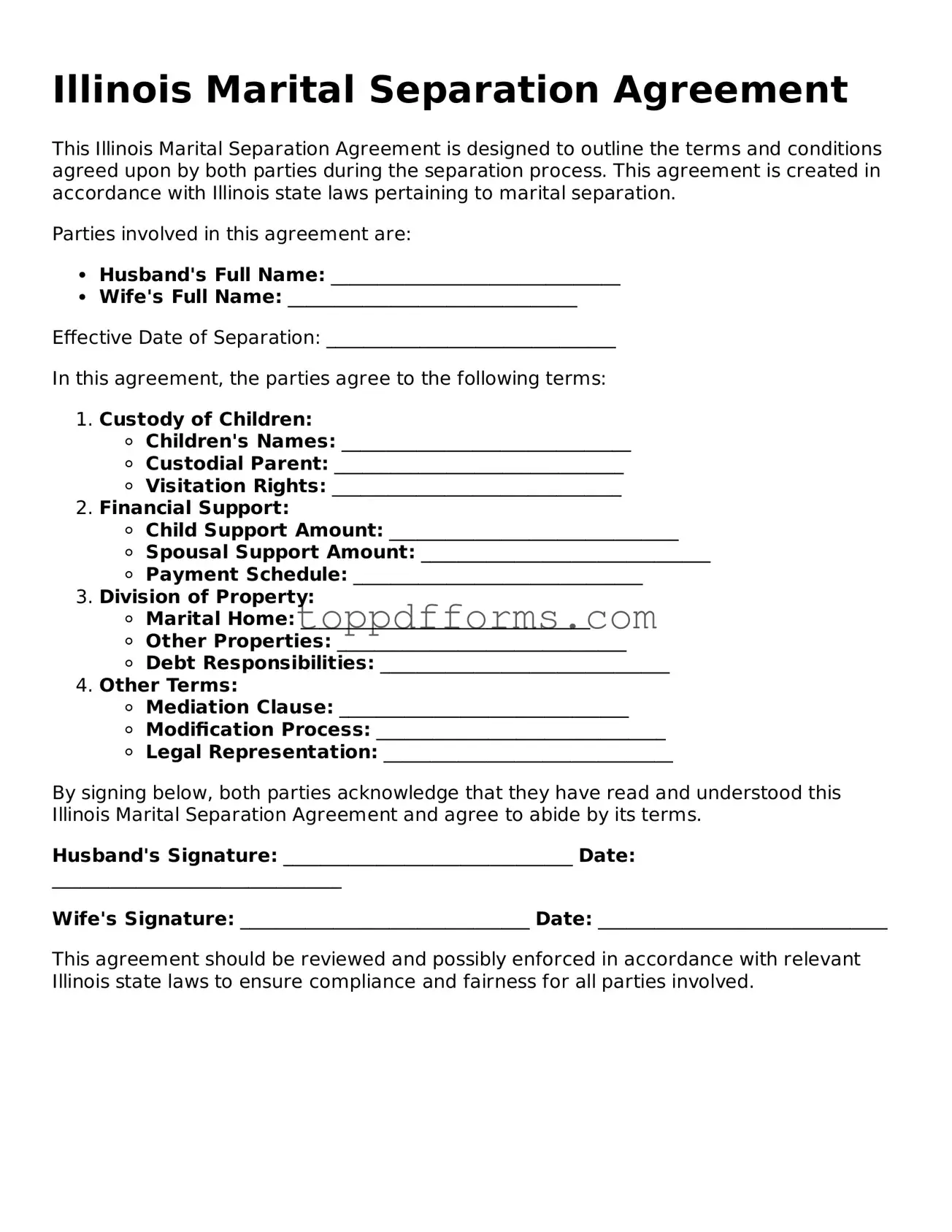 Marital Separation Agreement Document for Illinois State