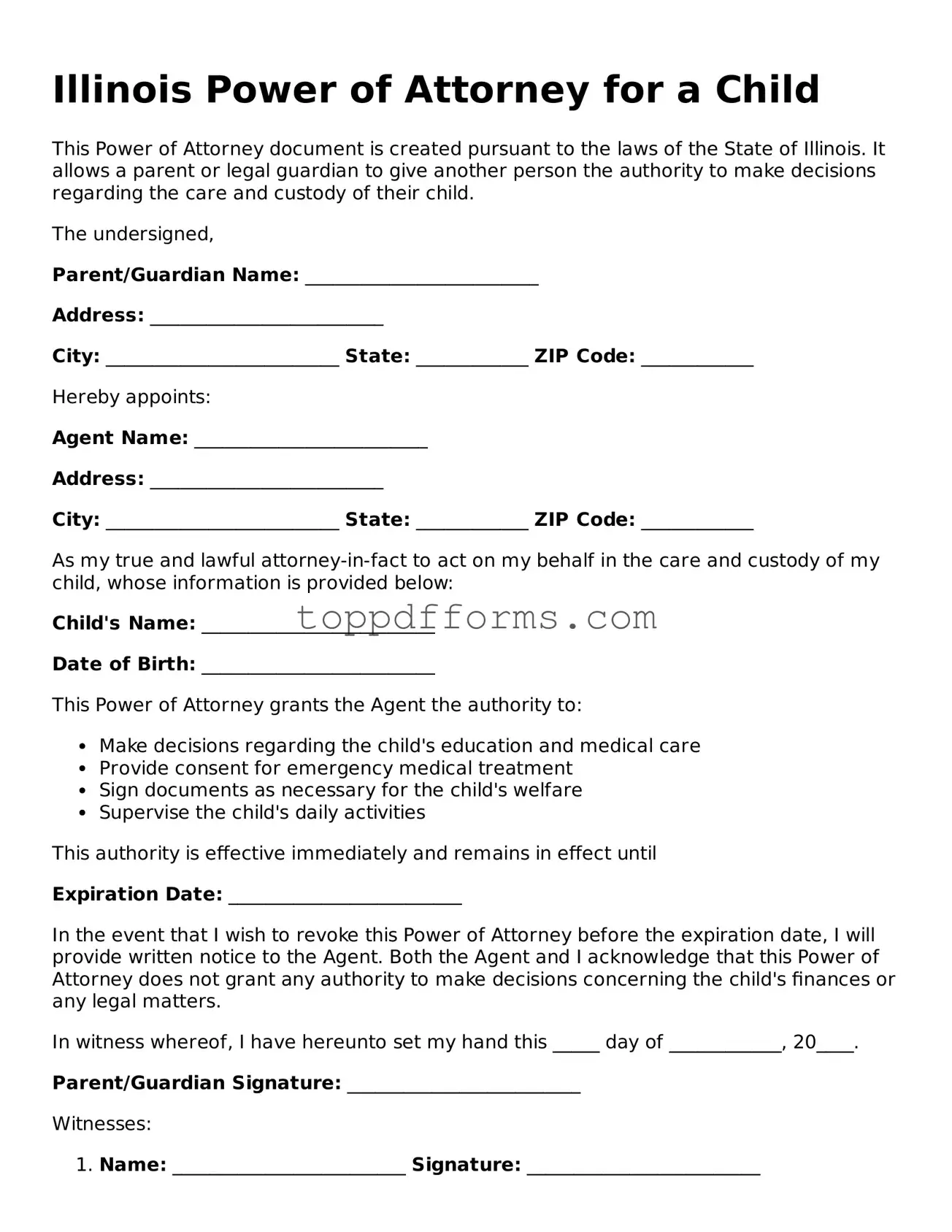 Power of Attorney for a Child Document for Illinois State