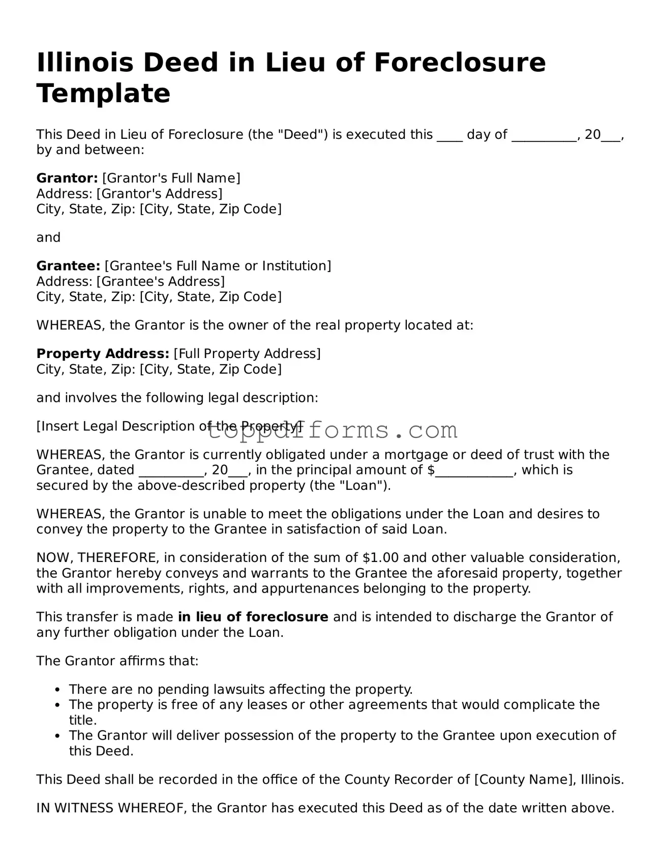 Deed in Lieu of Foreclosure Document for Illinois State