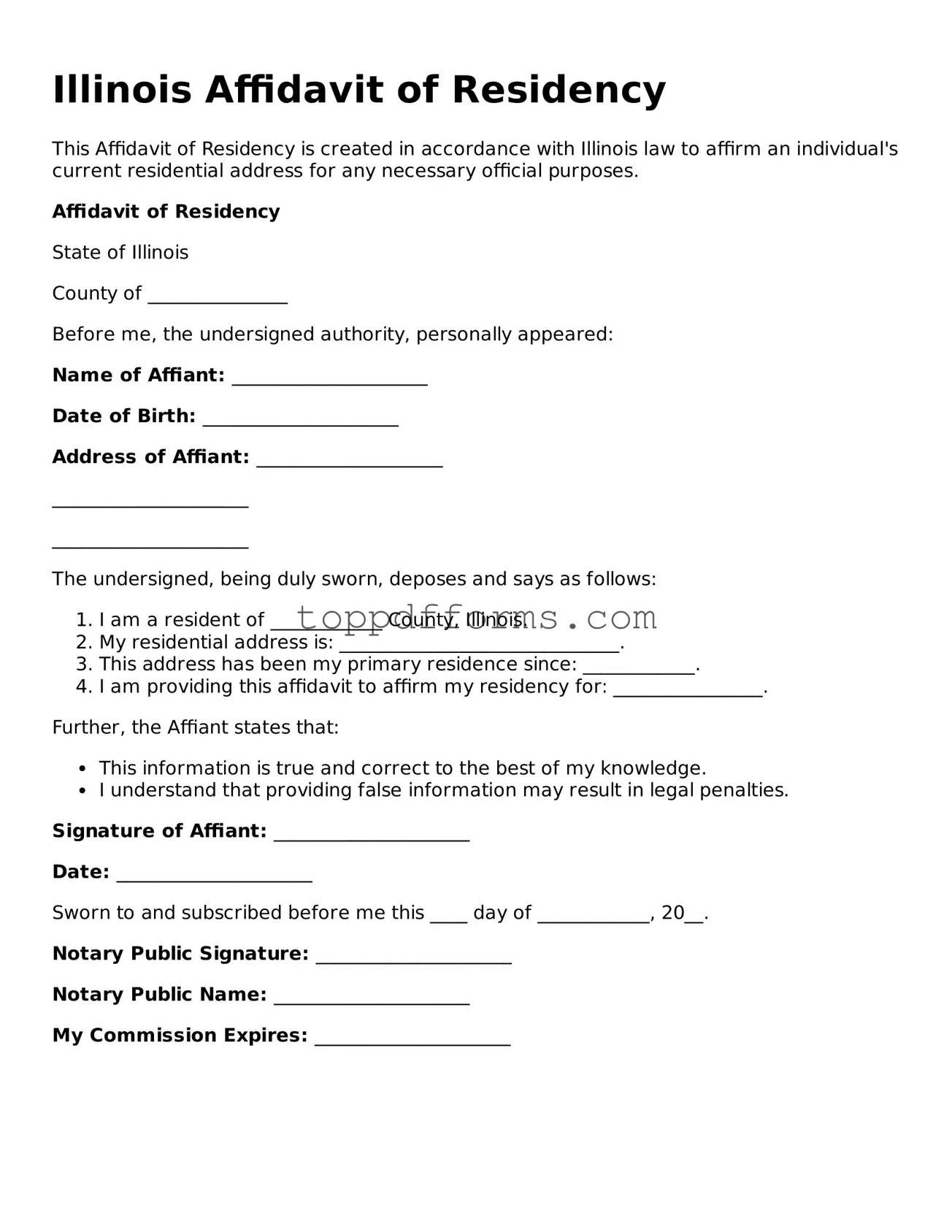 Affidavit of Residency Document for Illinois State