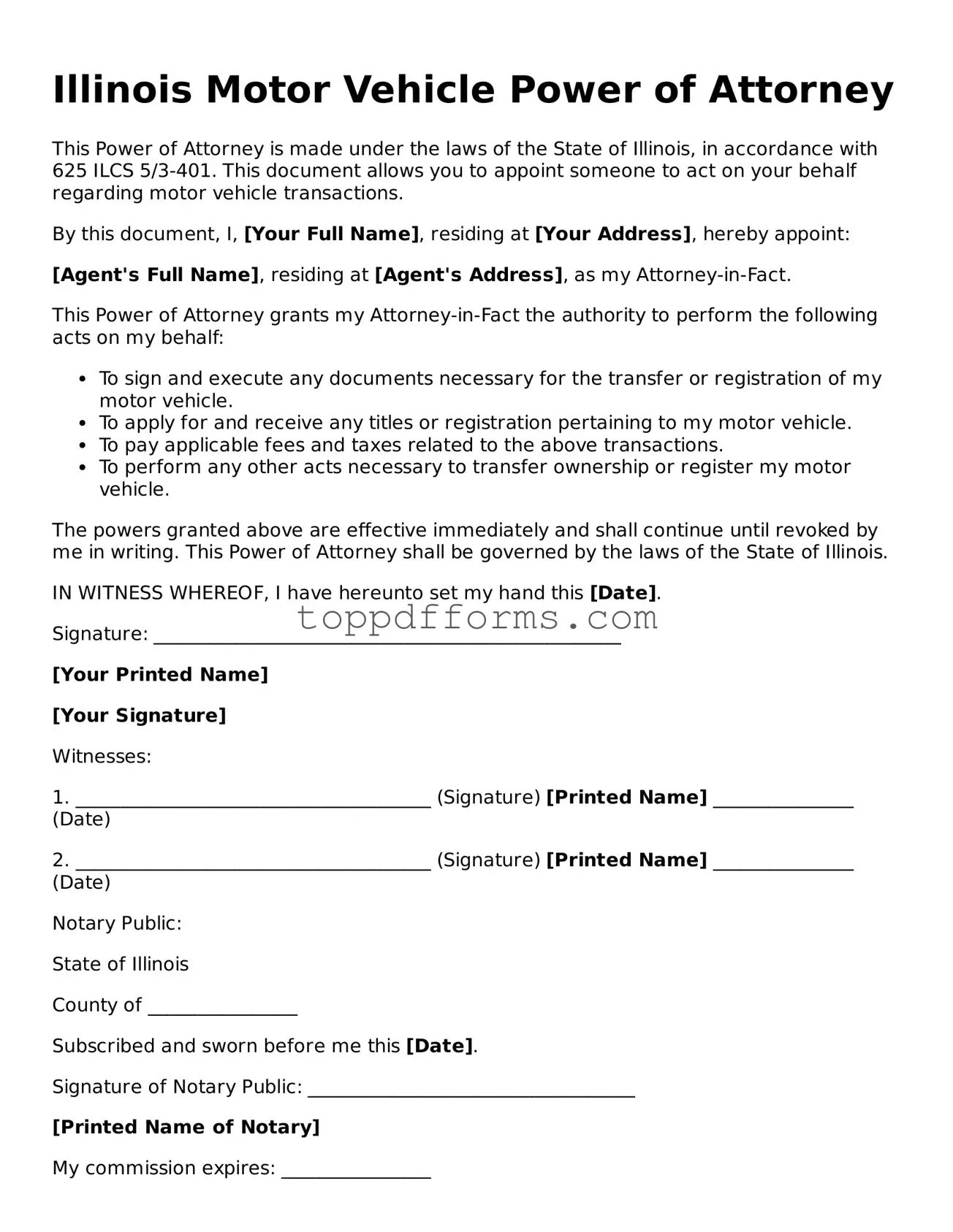 Motor Vehicle Power of Attorney Document for Illinois State
