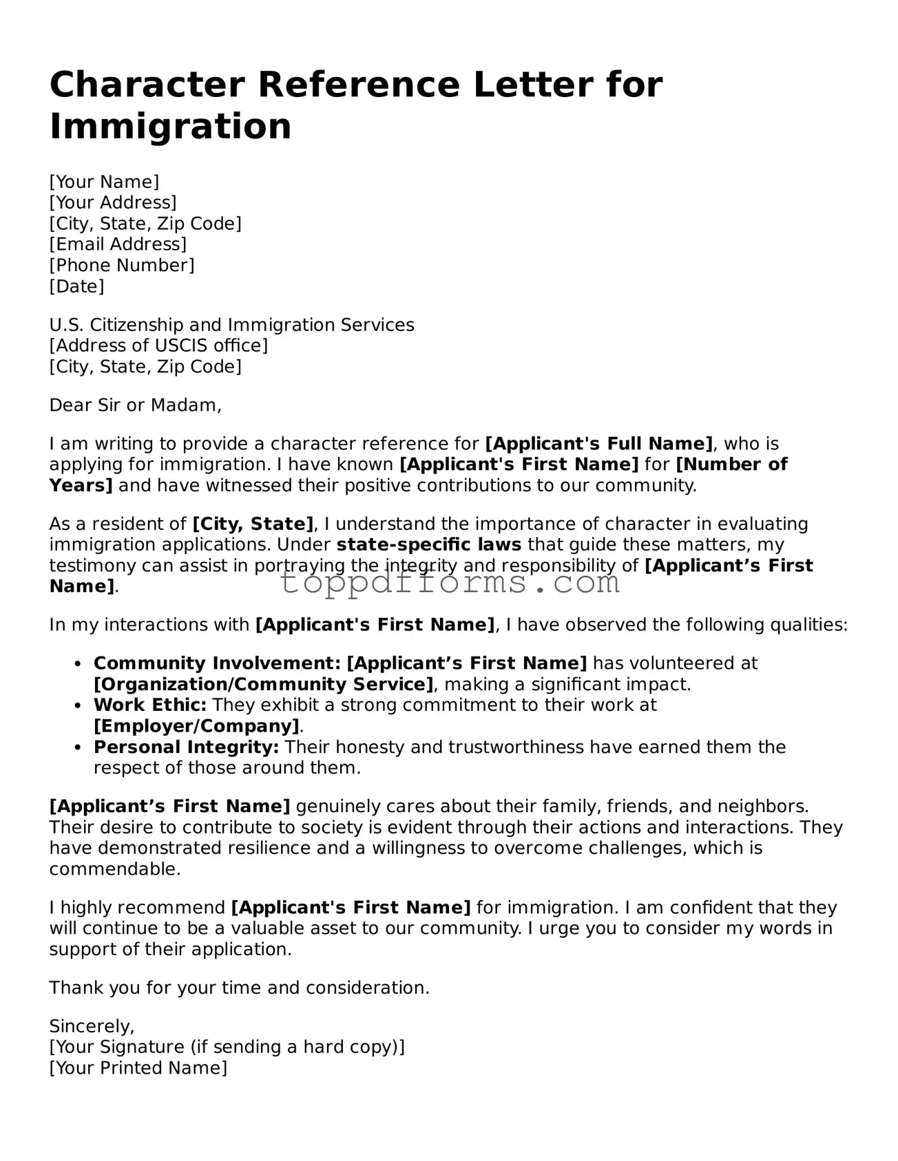 Free Character Reference Letter for Immigration Template