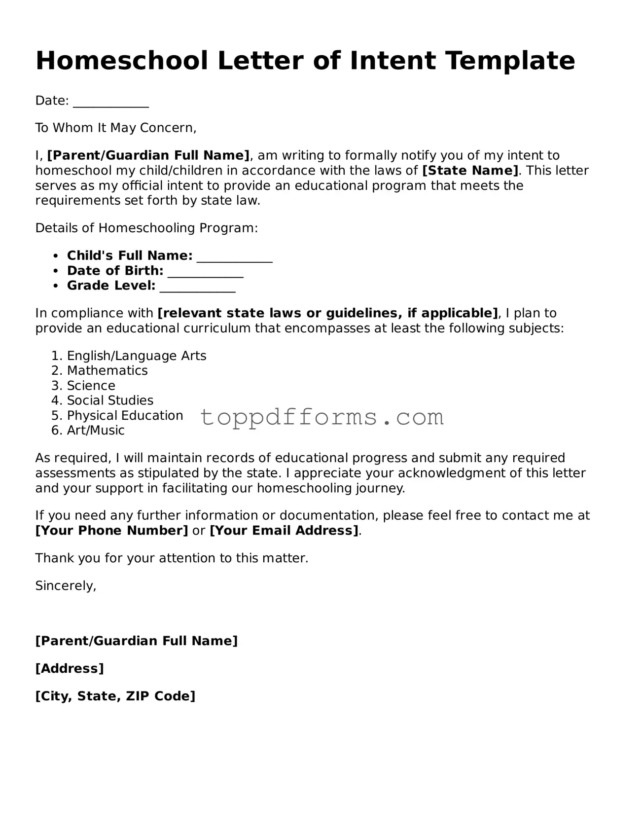 Free Homeschool Letter of Intent Template