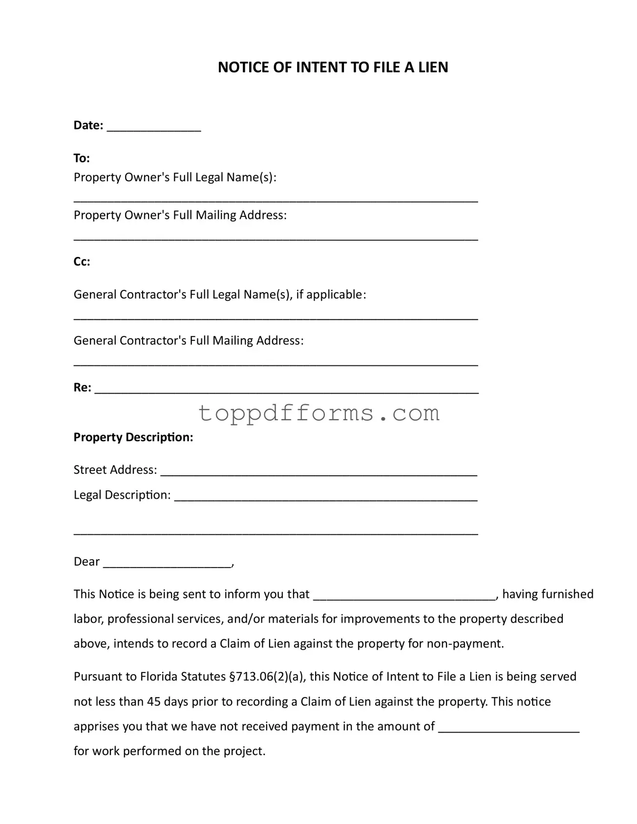 Free Intent To Lien Florida Form